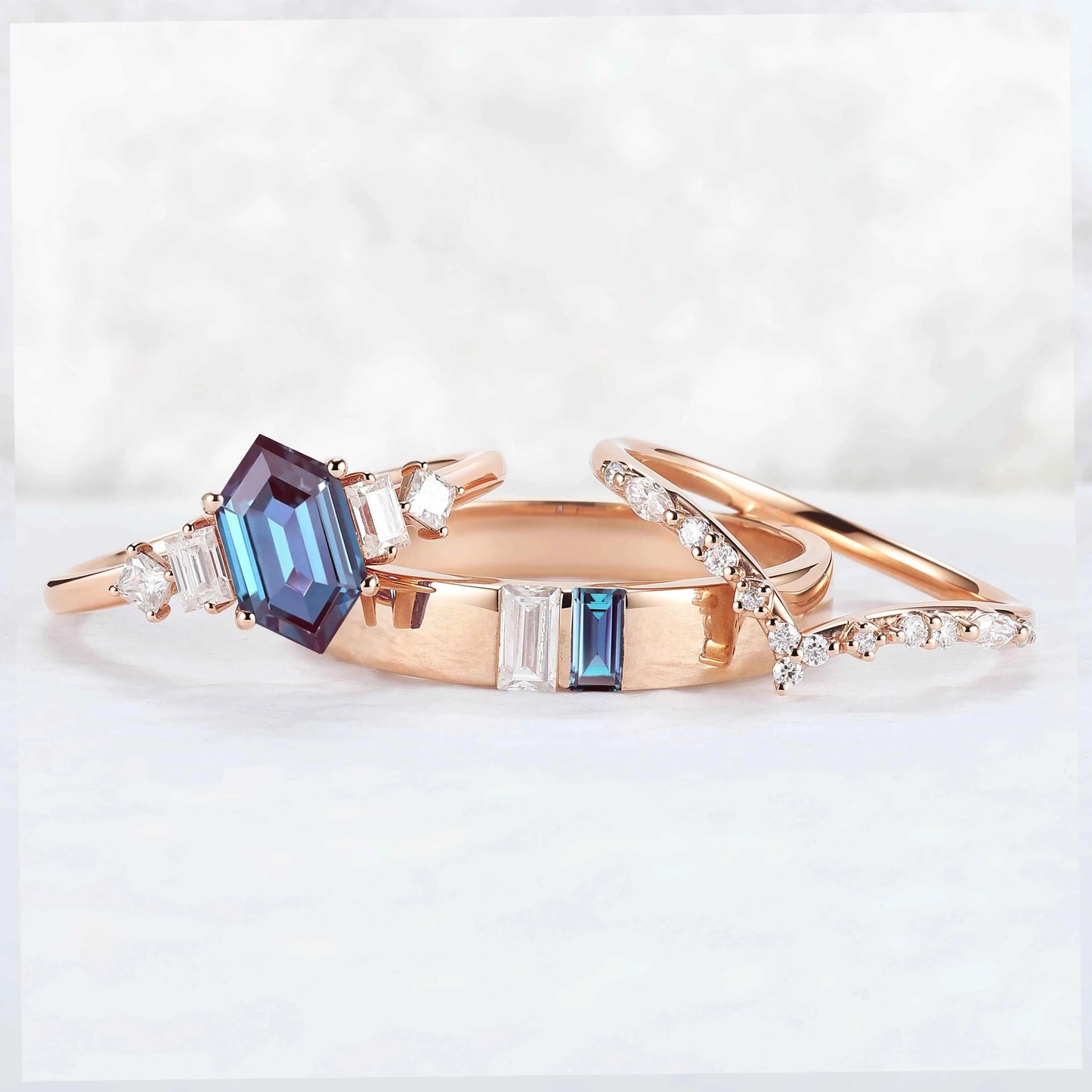 Cluster Hexagon Cut Alexandrite Couple Ring - Eternal Bond