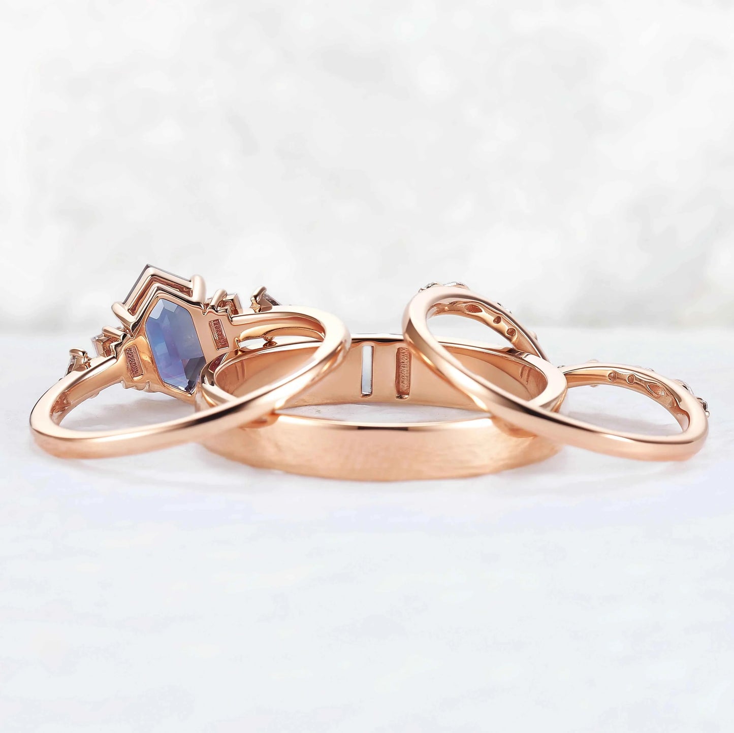 Cluster Hexagon Cut Alexandrite Couple Ring - Eternal Bond