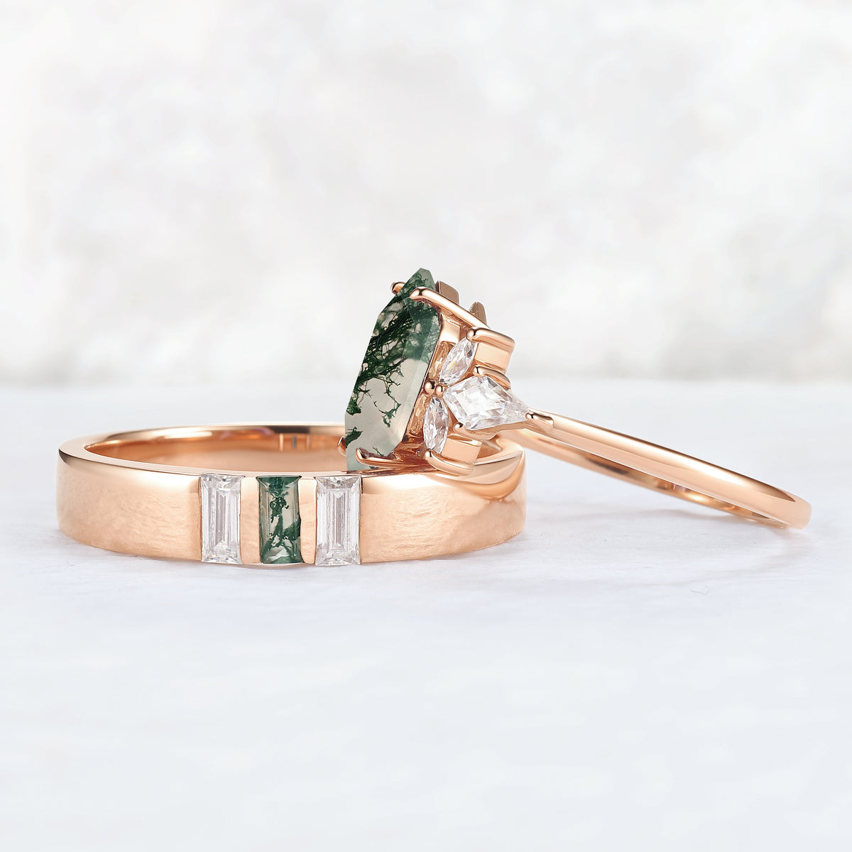 Cluster Hexagon Cut Moss Agate Couple Ring - Eternal Bond