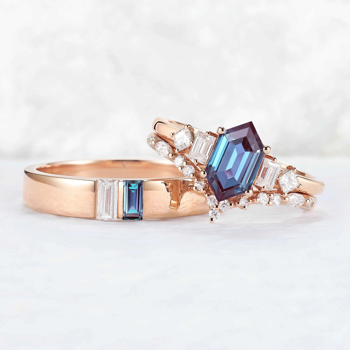 Cluster Hexagon Cut Alexandrite Couple Ring - Eternal Bond