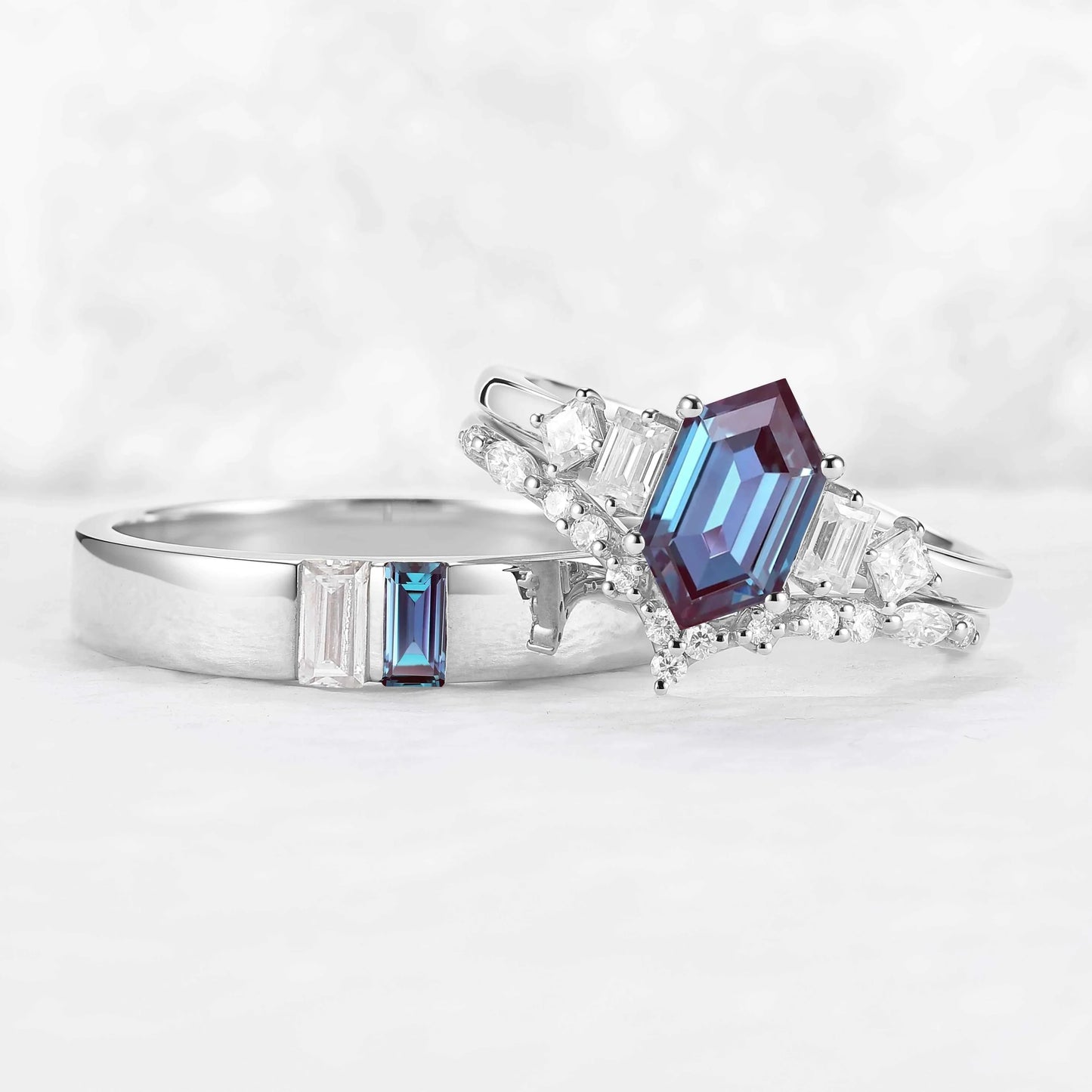 Cluster Hexagon Cut Alexandrite Couple Ring - Eternal Bond