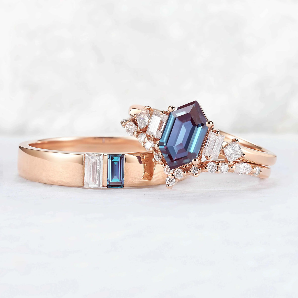 Cluster Hexagon Cut Alexandrite Couple Ring - Eternal Bond