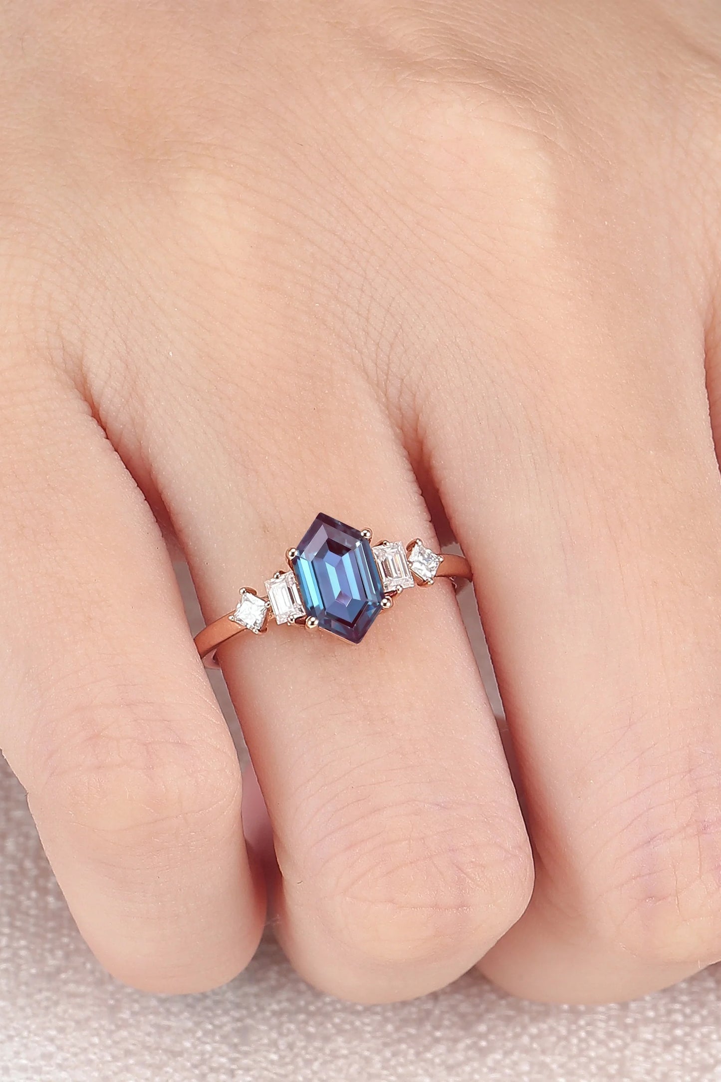 Cluster Hexagon Cut Alexandrite Five Stone Engagement Ring