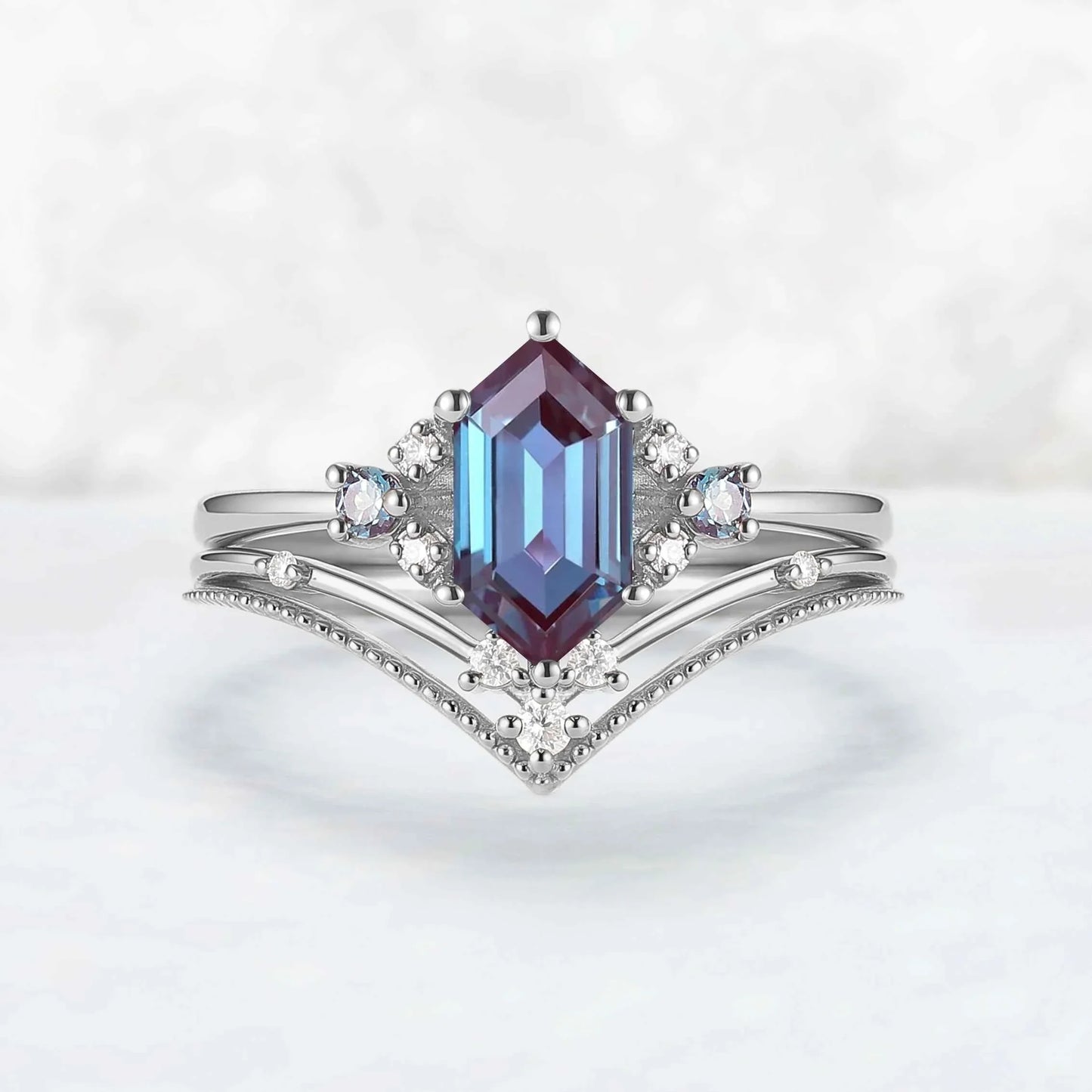 Cluster Hexagon Cut Alexandrite Seven Stone Engagement Ring Set 2pcs