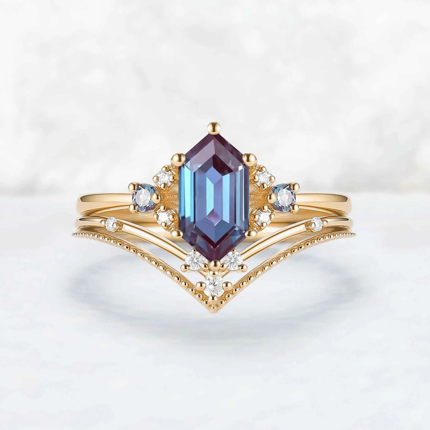 Cluster Hexagon Cut Alexandrite Seven Stone Engagement Ring Set 2pcs