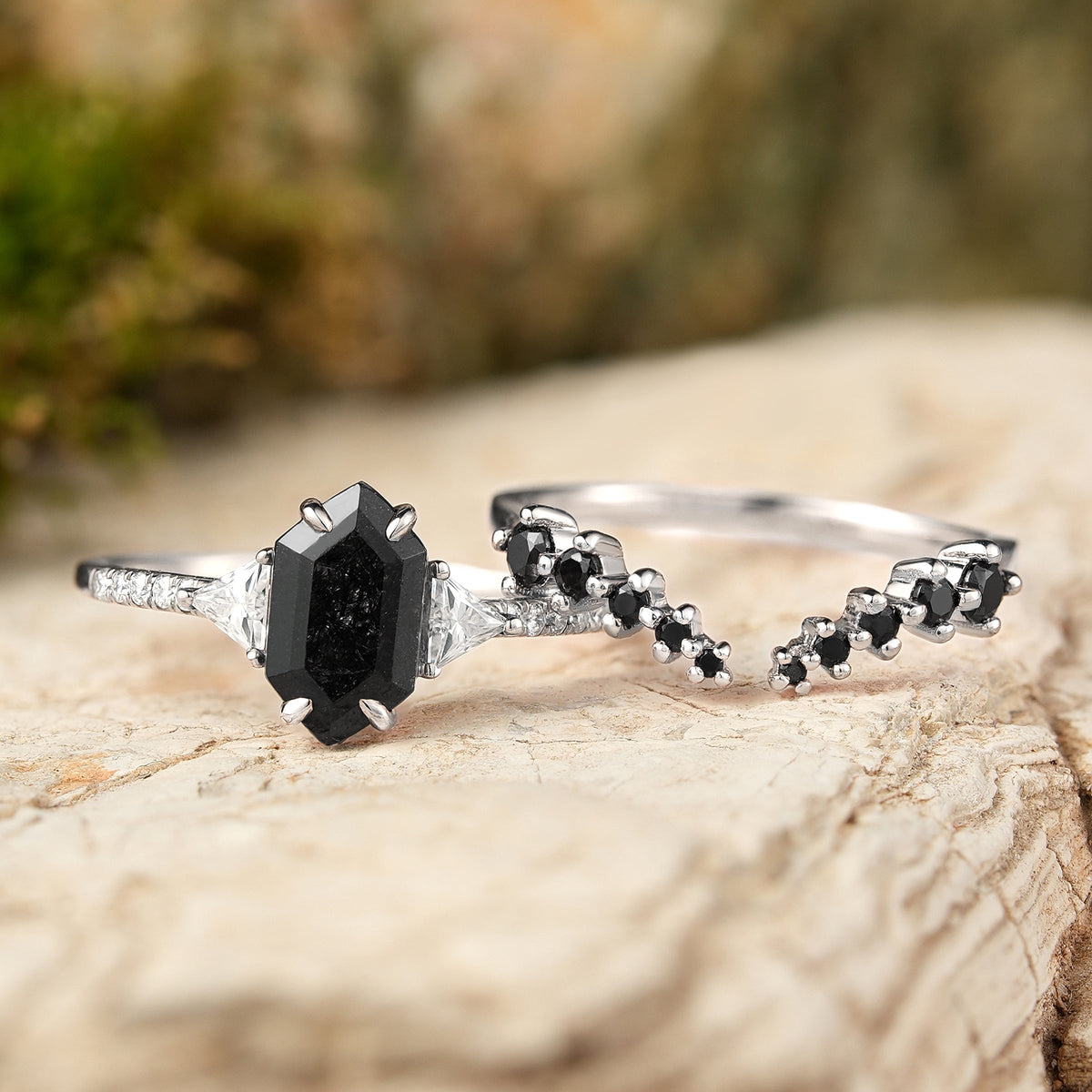 Cluster Hexagon Cut Black Rutilated Quartz Half  Enternity Silver Ring Set 2pcs