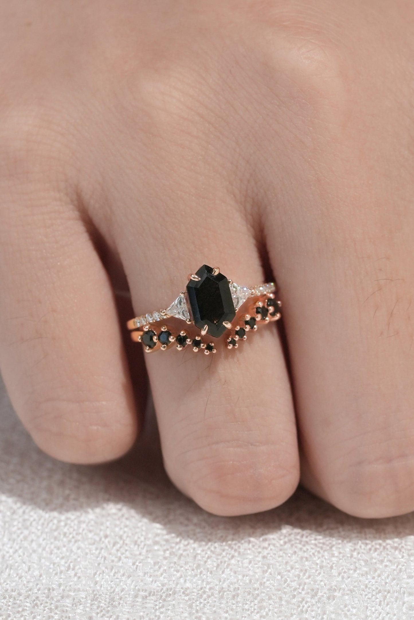 Cluster Hexagon Cut Black Rutilated Quartz Half  Enternity Silver Ring Set 2pcs
