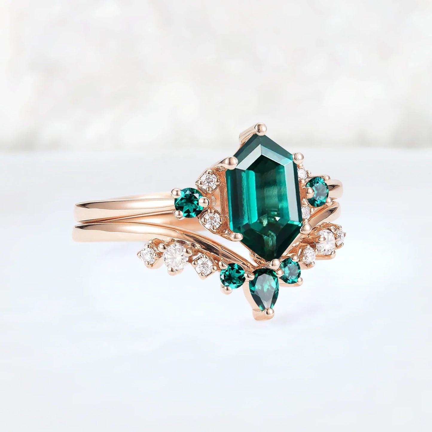 Cluster Hexagon Cut Emerald Seven Stone Ring Set 2pcs