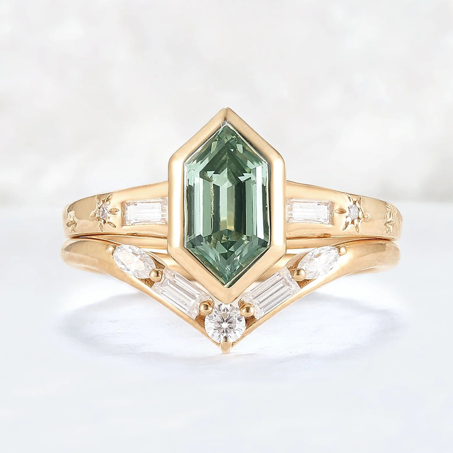 Cluster Hexagon Cut Green Sapphire Gemstone Ring Set 2pcs