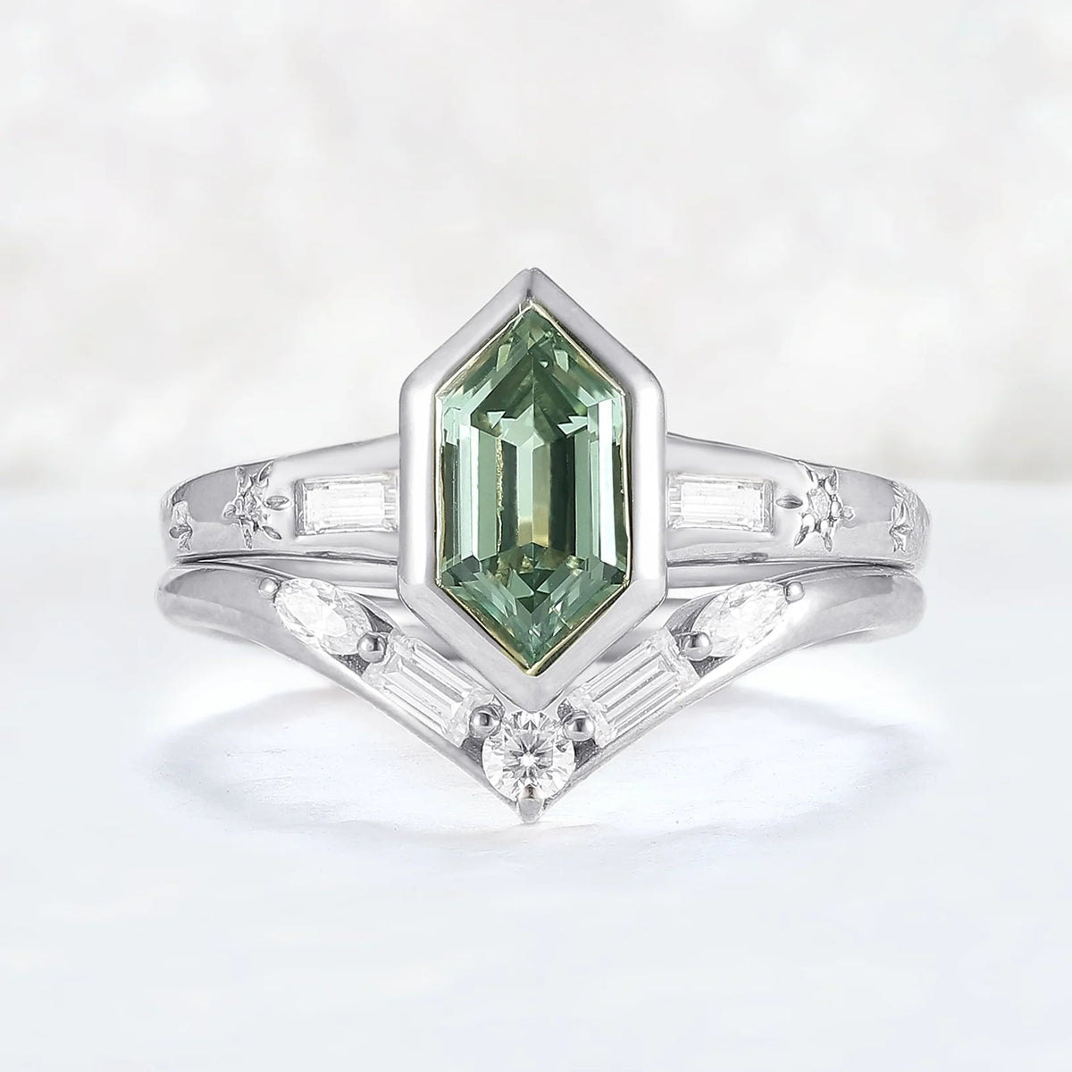 Cluster Hexagon Cut Green Sapphire Gemstone Ring Set 2pcs
