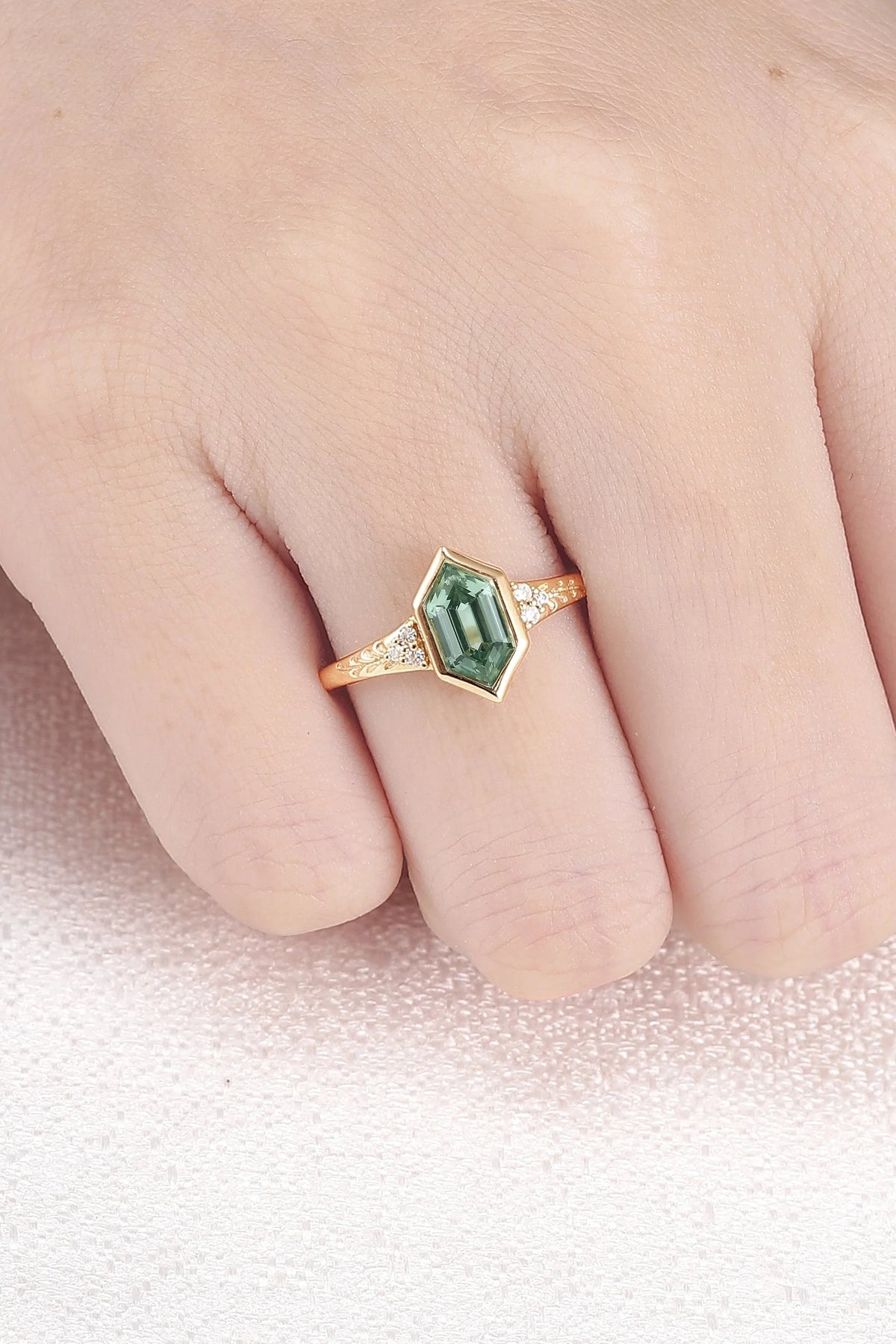 Cluster Hexagon Cut Green Sapphire Seven Gemstone Ring