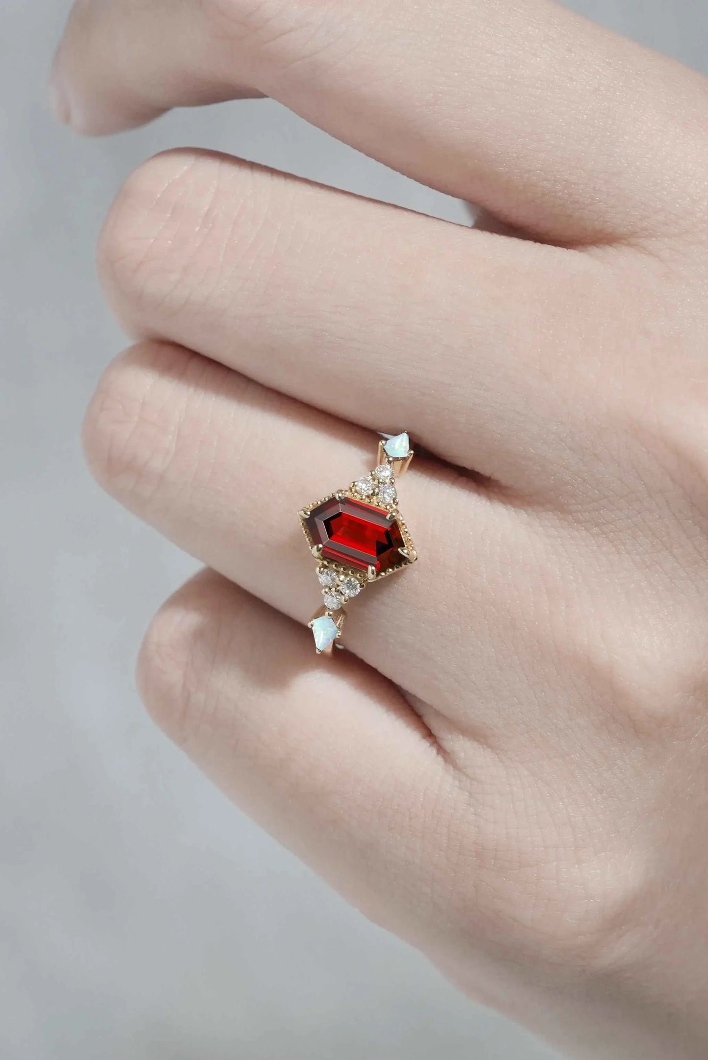 Cluster Hexagon Cut Lab Ruby Engagement Ring
