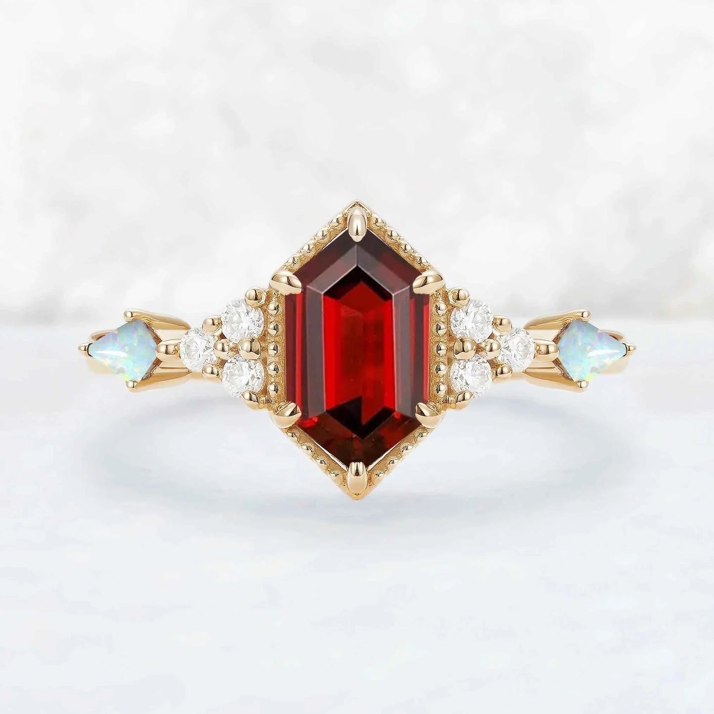 Cluster Hexagon Cut Lab Ruby Engagement Ring