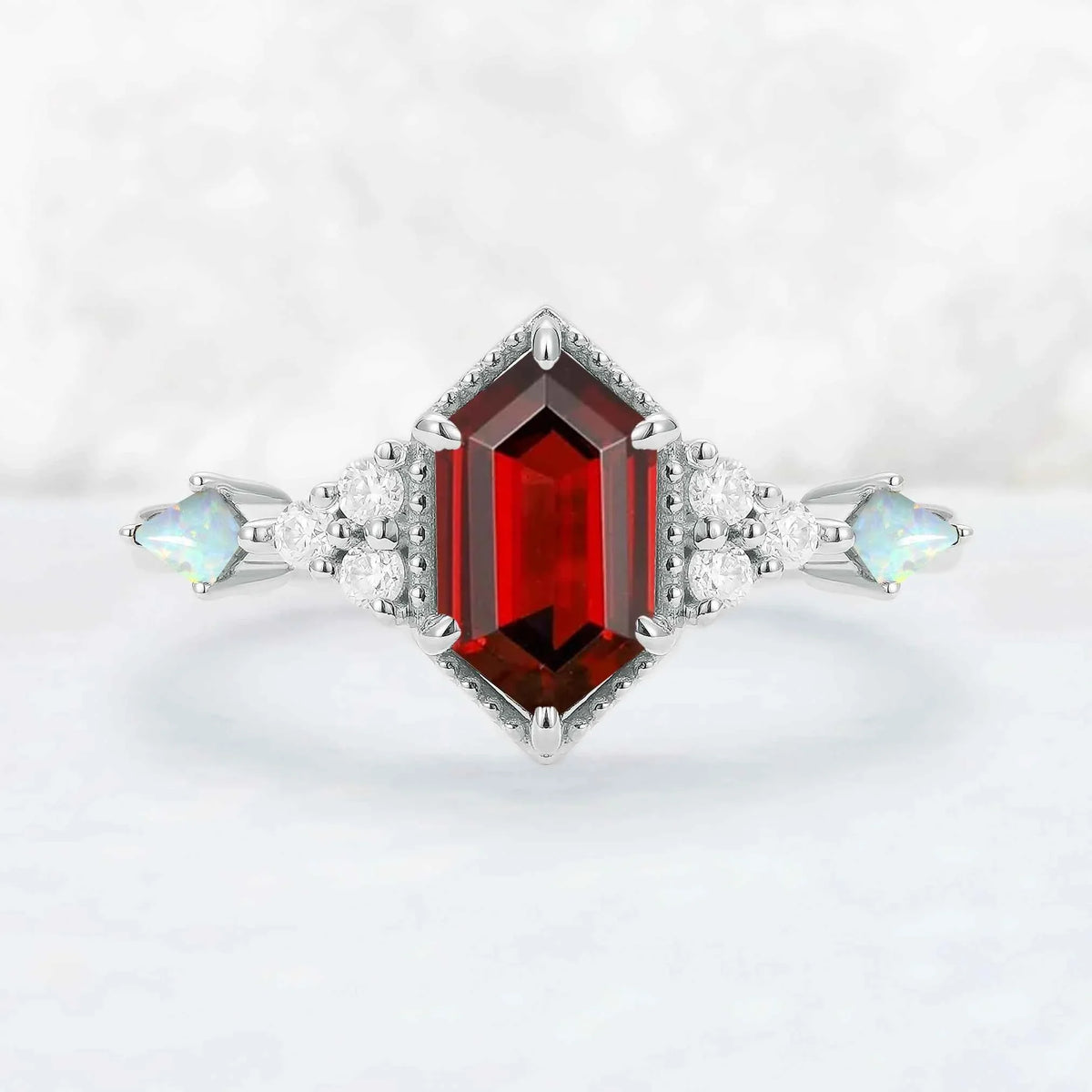Cluster Hexagon Cut Lab Ruby Engagement Ring
