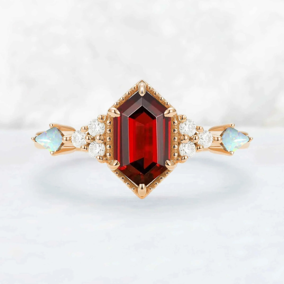 Cluster Hexagon Cut Lab Ruby Engagement Ring