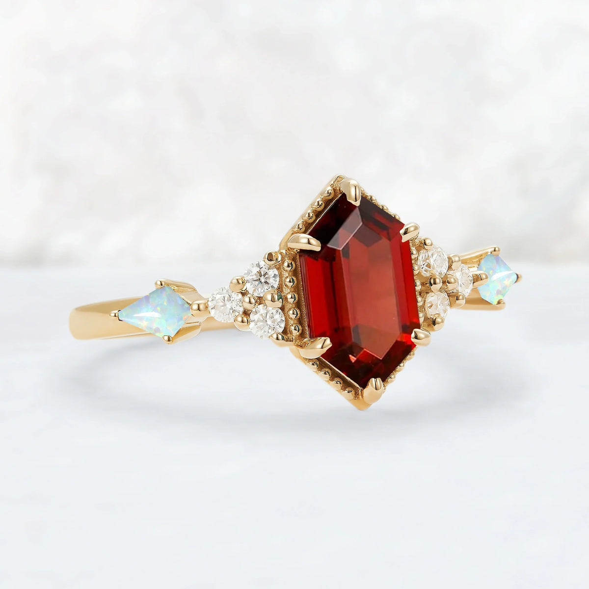 Cluster Hexagon Cut Lab Ruby Engagement Ring