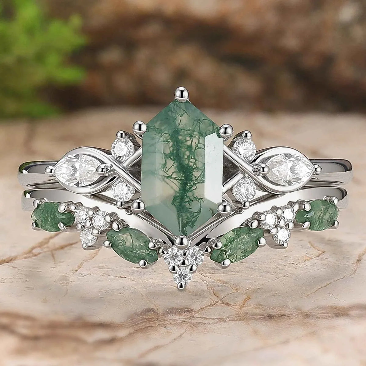 Cluster Hexagon Cut Moss Agate Seven Stones Silver Ring Set 2pcs