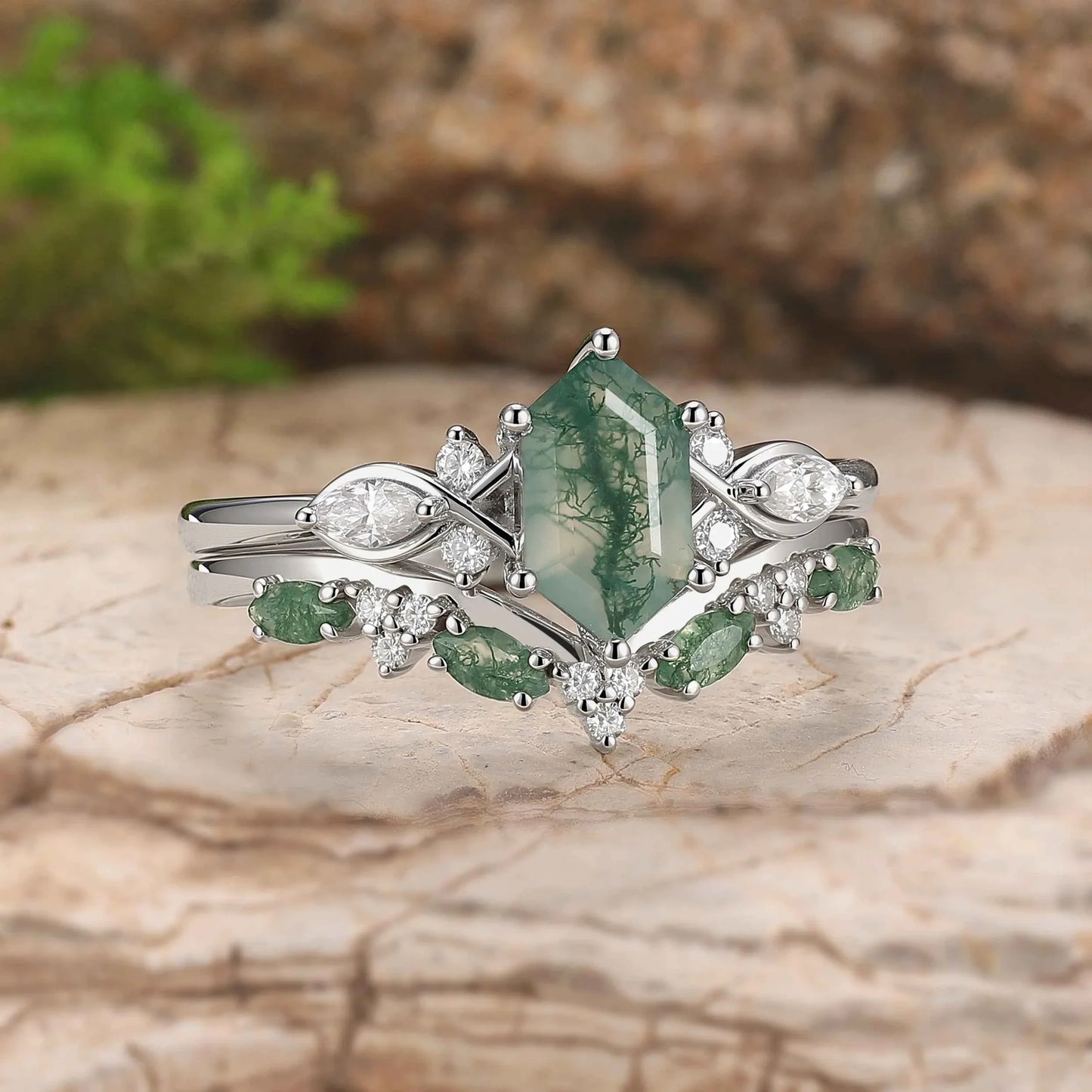 Cluster Hexagon Cut Moss Agate Seven Stones Ring Set 2pcs