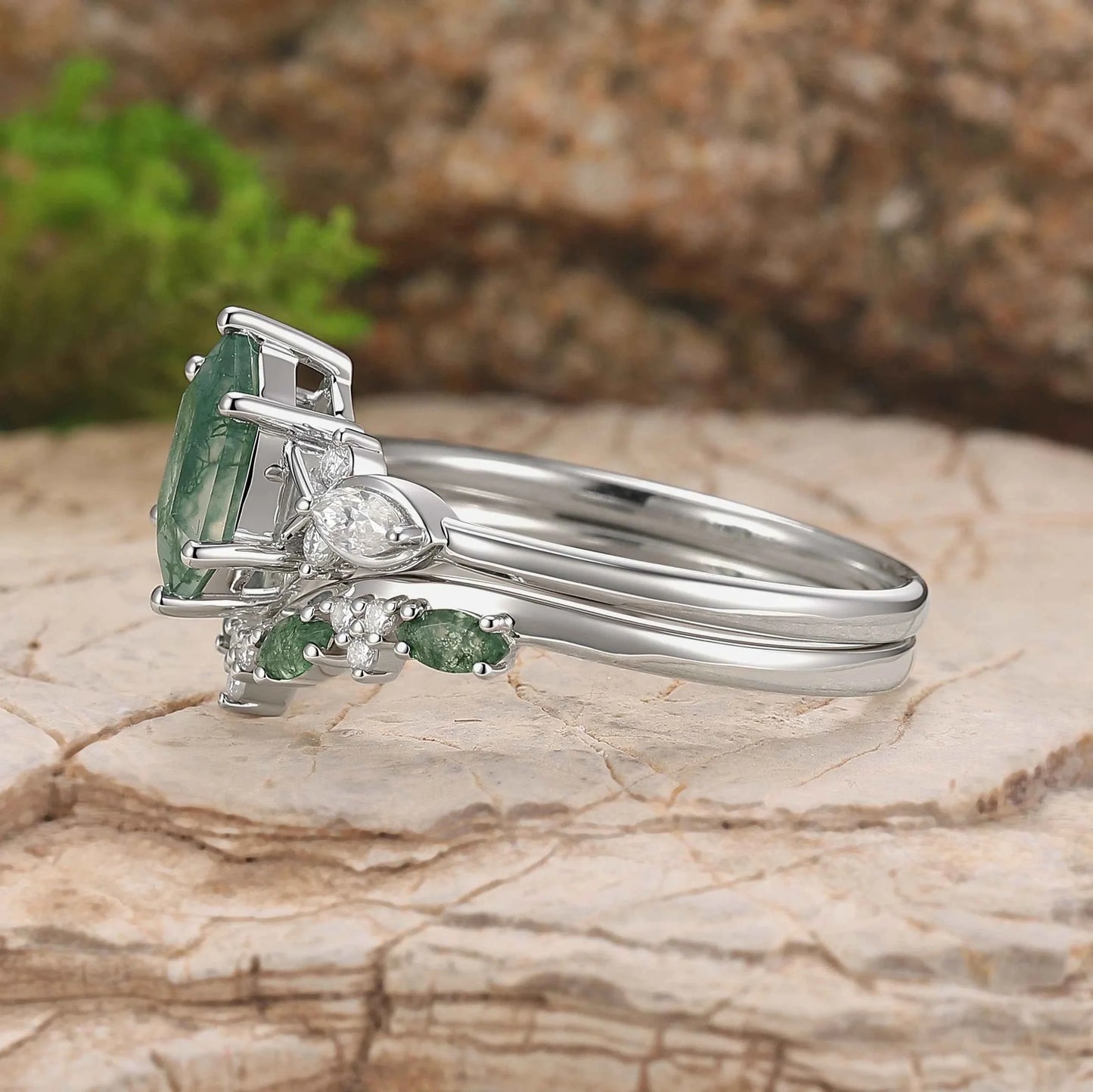 Cluster Hexagon Cut Moss Agate Seven Stones Ring Set 2pcs