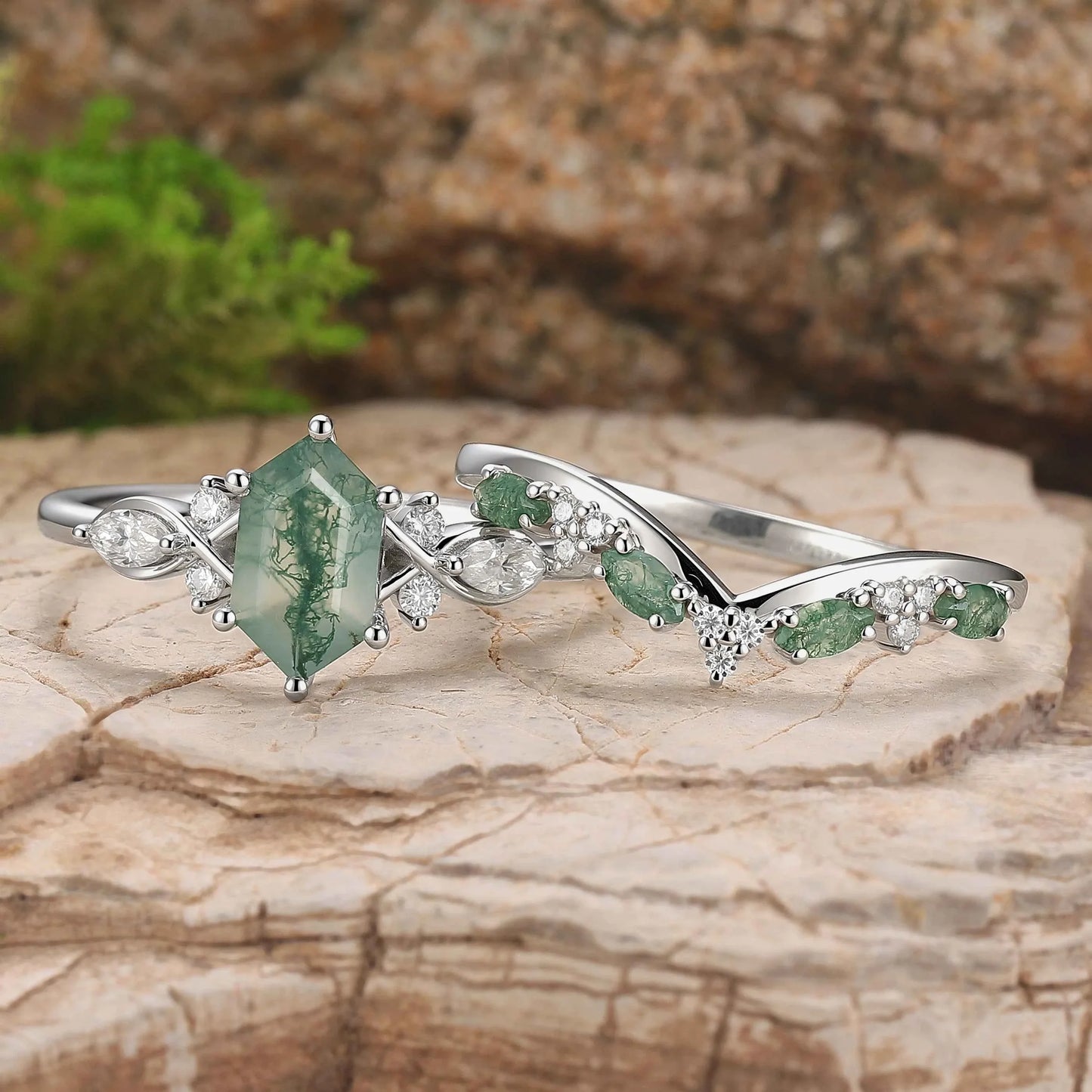 Cluster Hexagon Cut Moss Agate Seven Stones Ring Set 2pcs