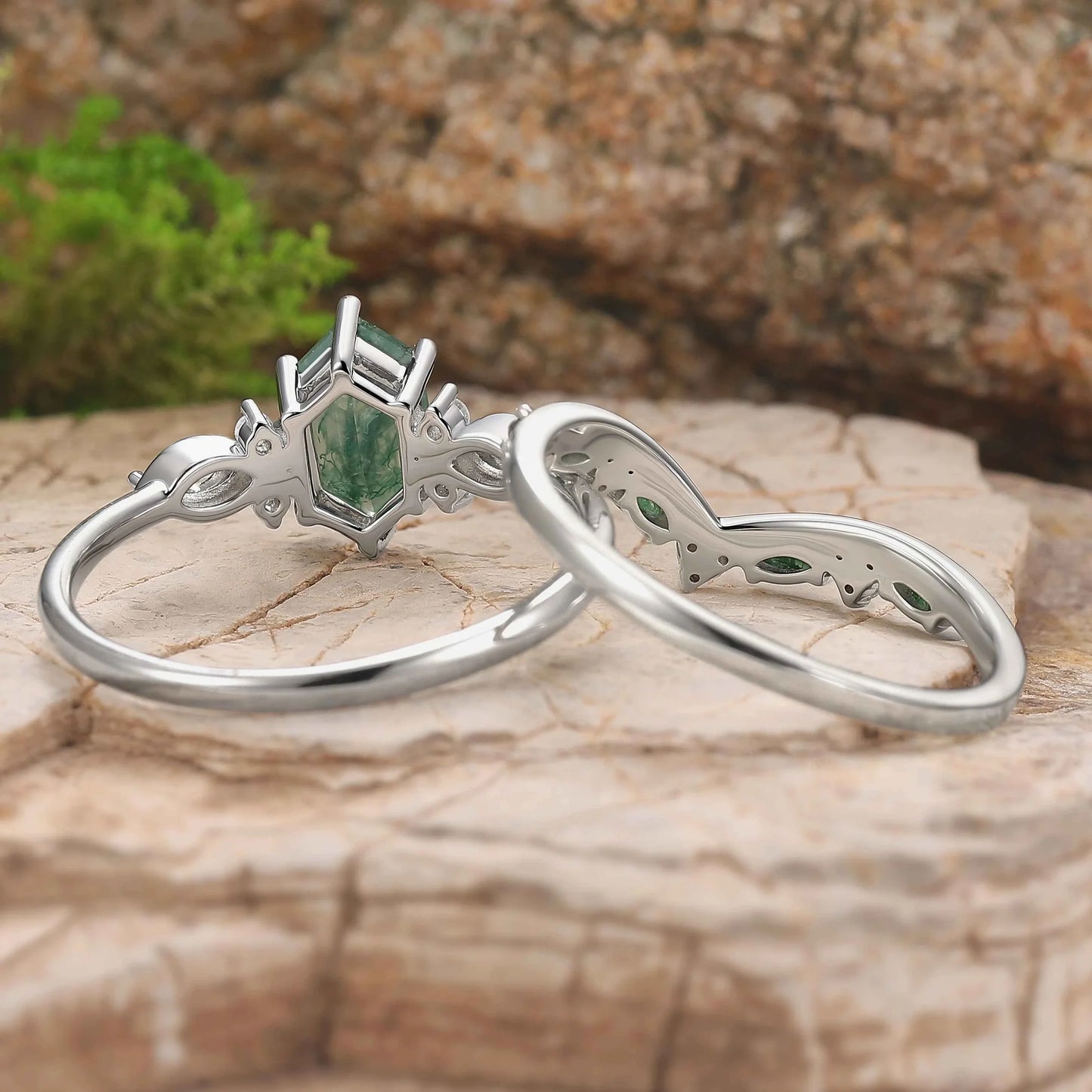 Cluster Hexagon Cut Moss Agate Seven Stones Silver Ring Set 2pcs