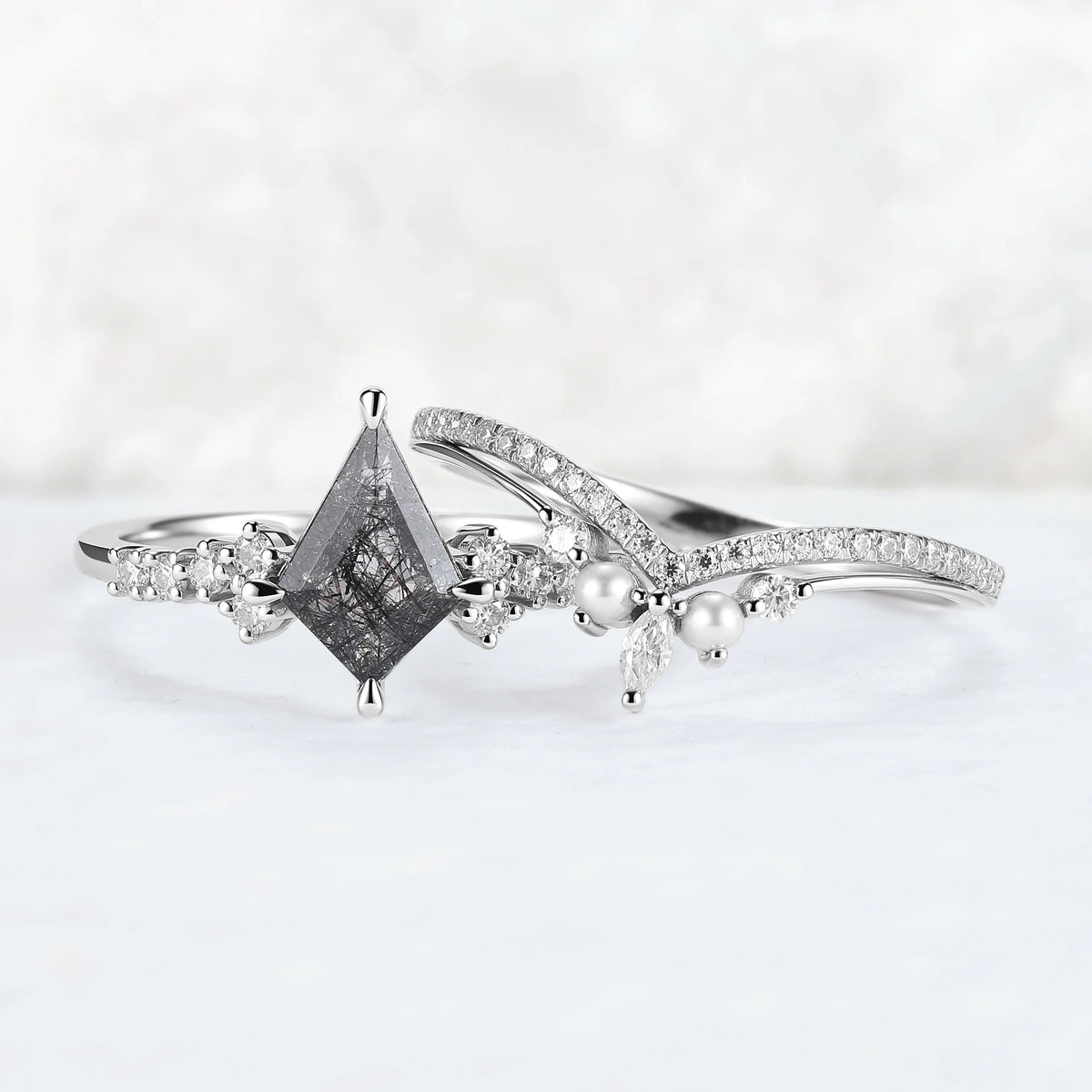 Nocturne Crown Kite Cut Black Rutilated Quartz Engagement Ring Set 2pcs