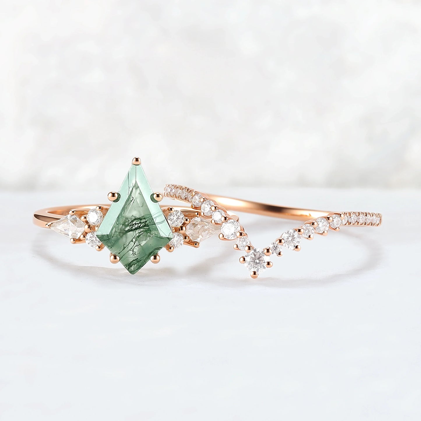 Cluster Kite Cut Moss Agate Egagement Ring Set 2pcs