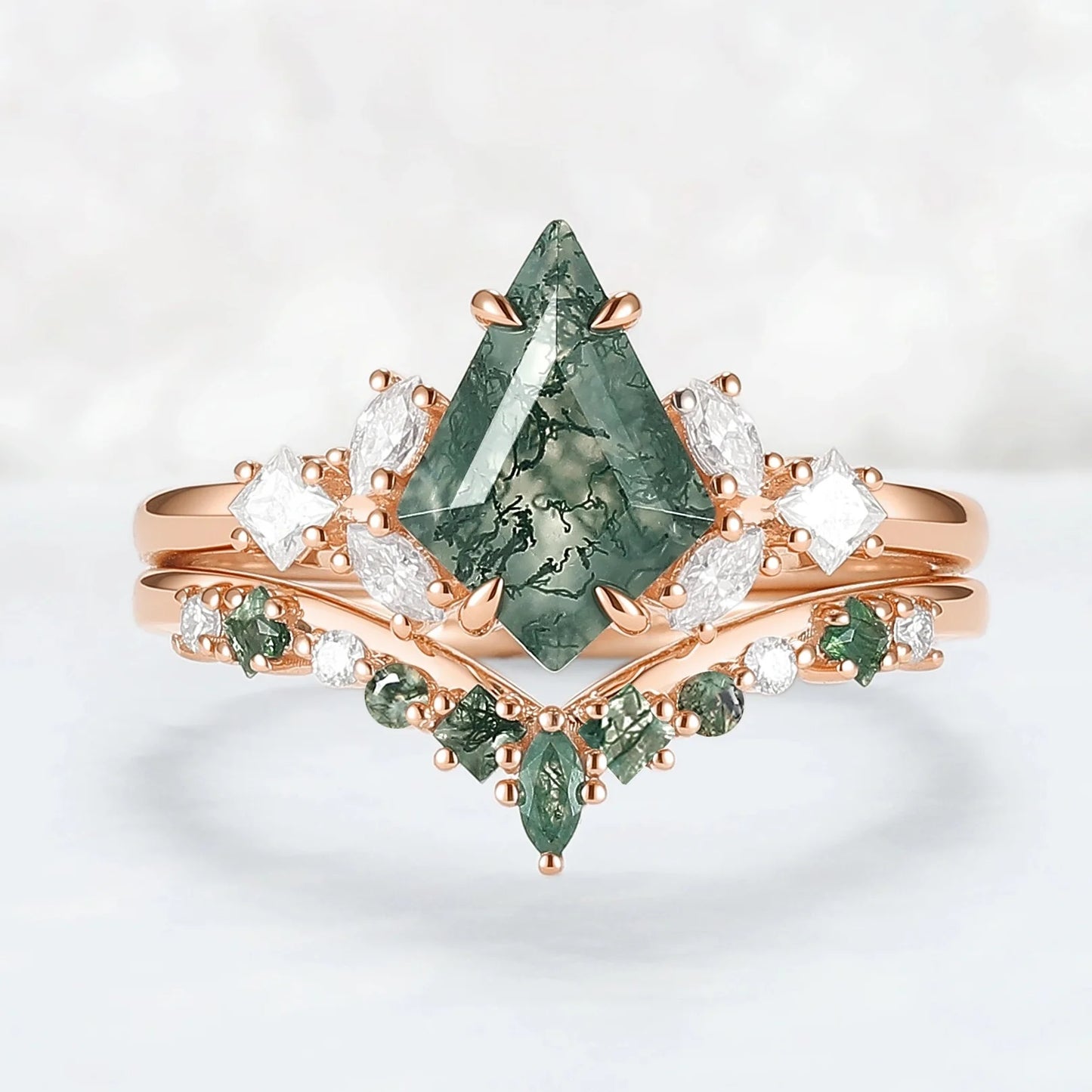 Cluster Kite Cut Moss Agate Engagement Ring Set 2pcs