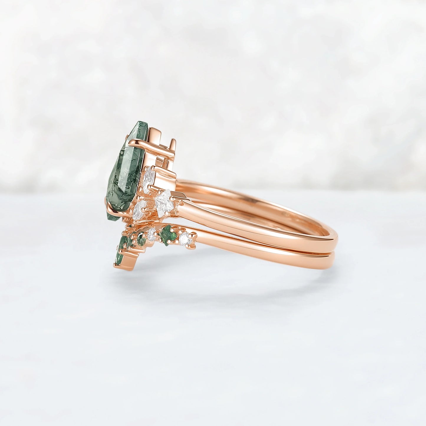 Cluster Kite Cut Moss Agate Engagement Ring Set 2pcs