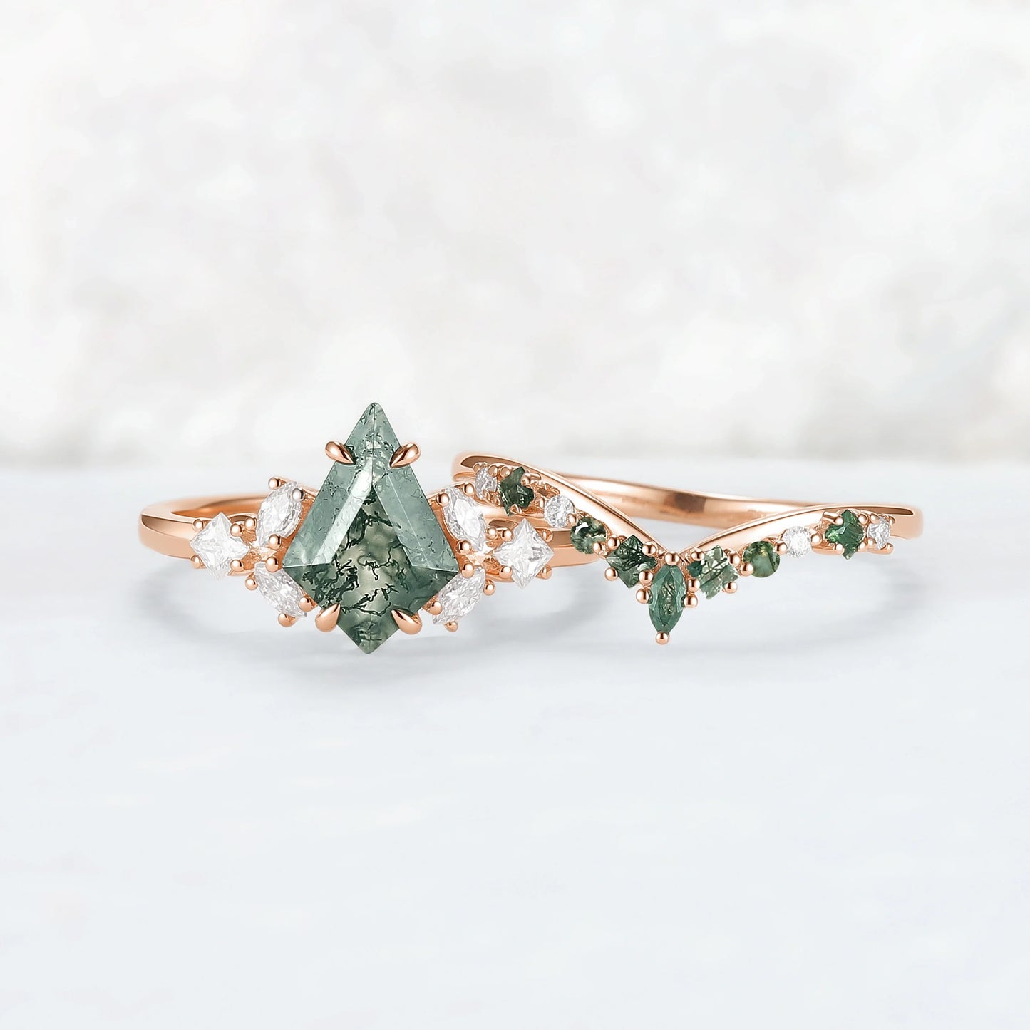 Cluster Kite Cut Moss Agate Engagement Ring Set 2pcs