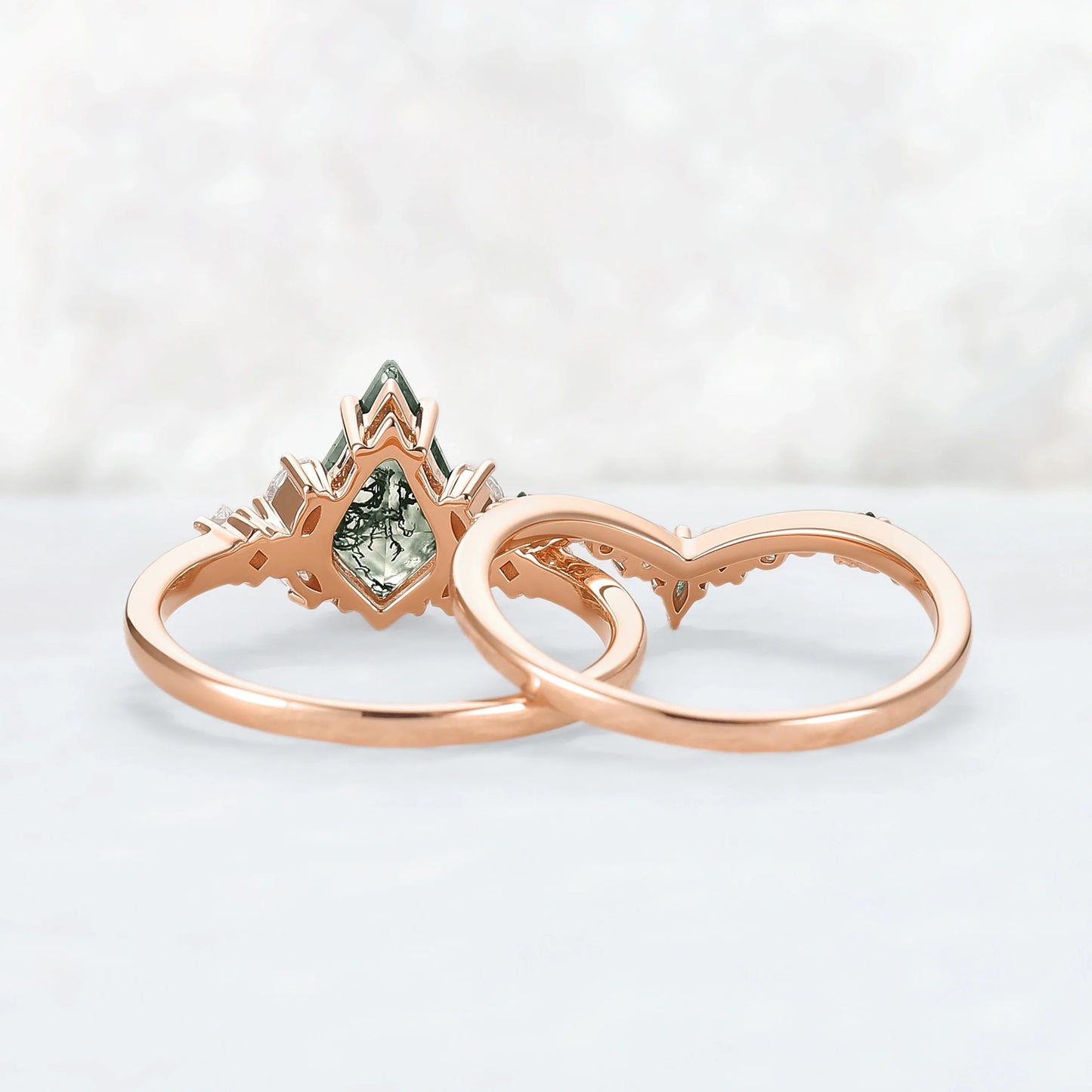 Cluster Kite Cut Moss Agate Engagement Ring Set 2pcs