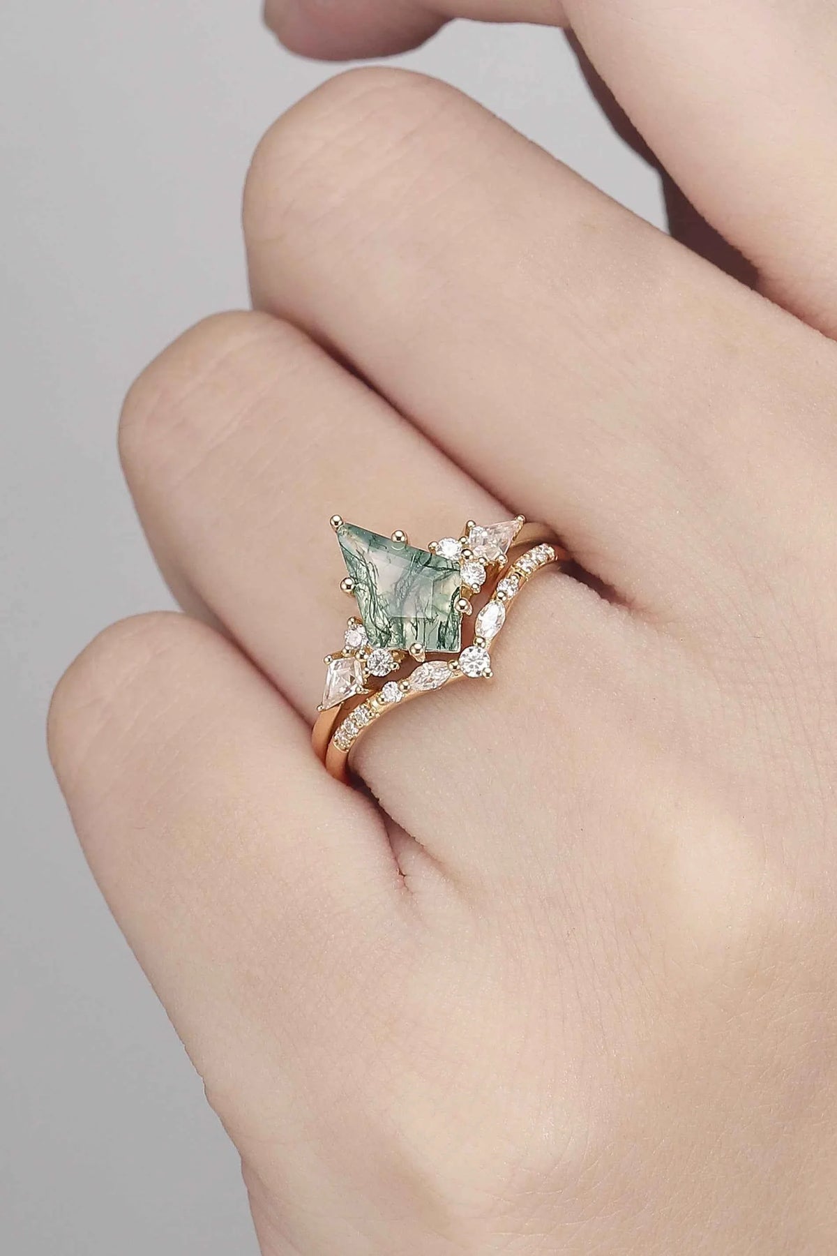 Cluster Kite Cut Moss Agate Gemstone Ring Set 2pcs