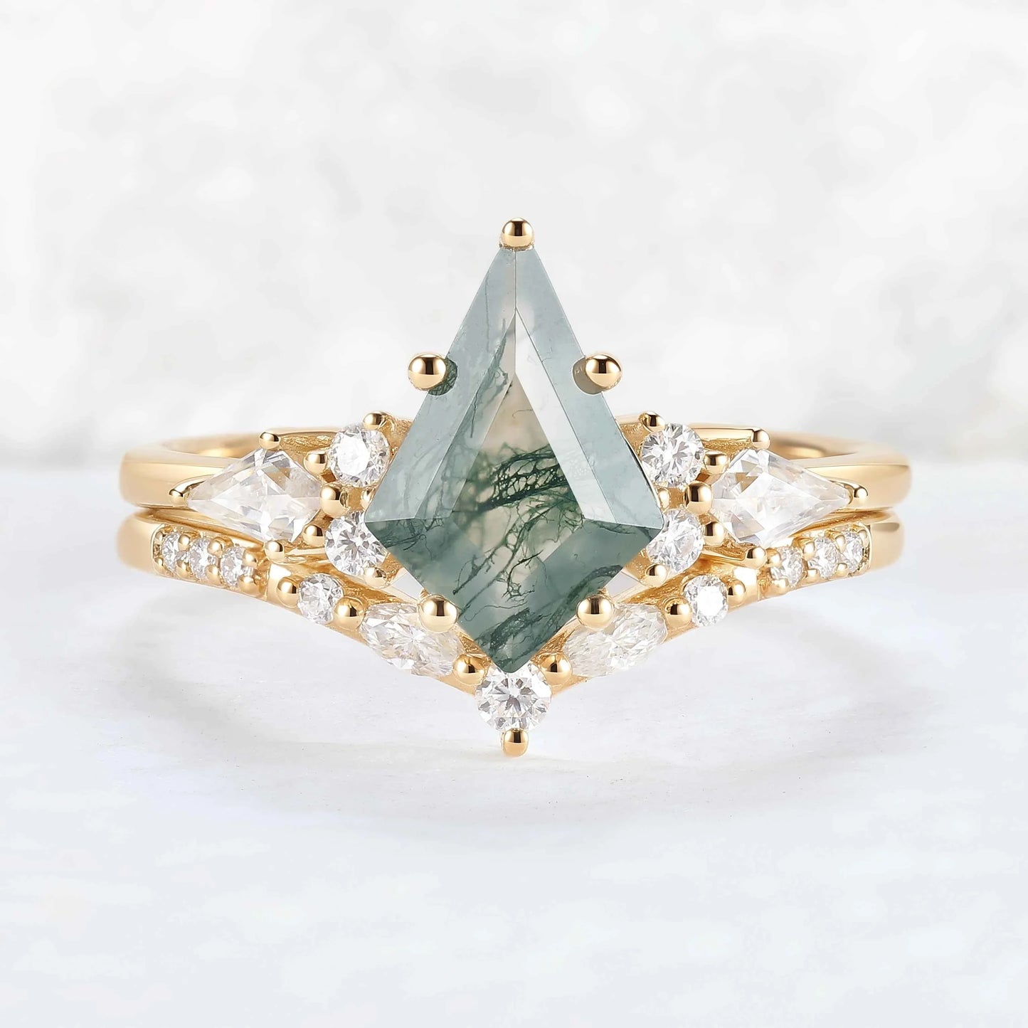 Cluster Kite Cut Moss Agate Gemstone Ring Set 2pcs