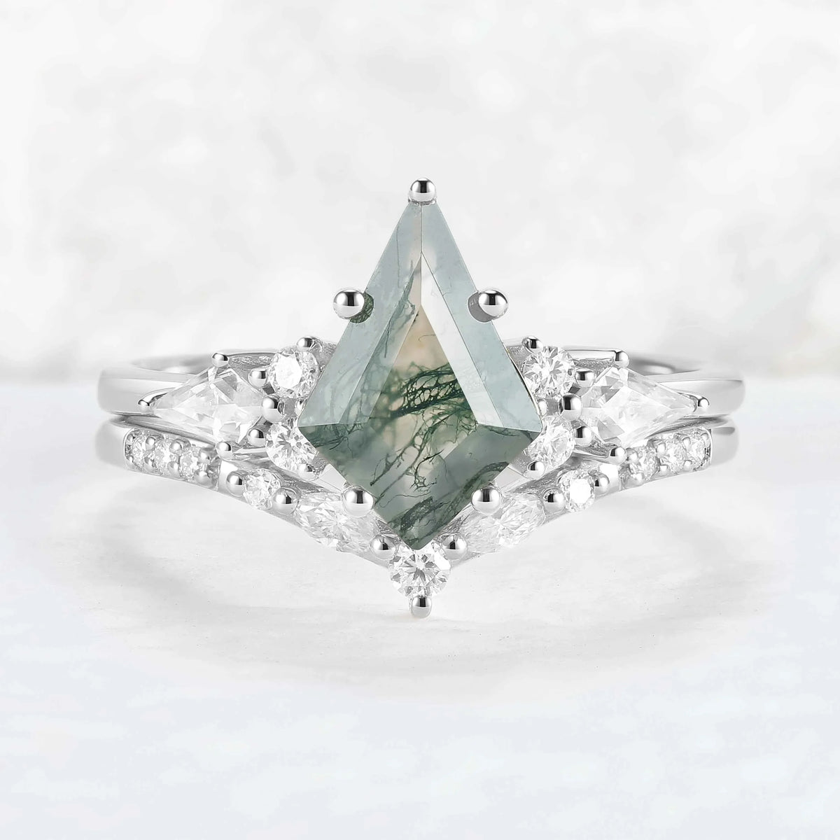 Cluster Kite Cut Moss Agate Gemstone Ring Set 2pcs