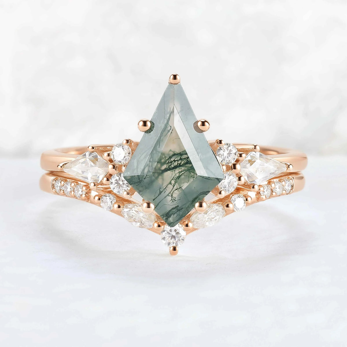 Cluster Kite Cut Moss Agate Gemstone Ring Set 2pcs