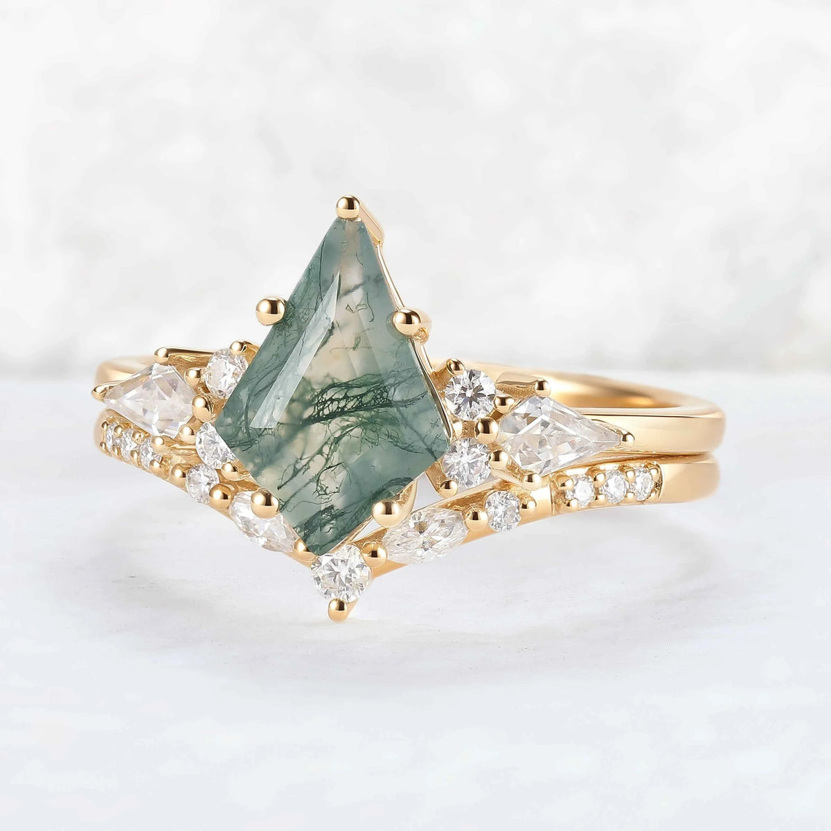 Cluster Kite Cut Moss Agate Gemstone Ring Set 2pcs