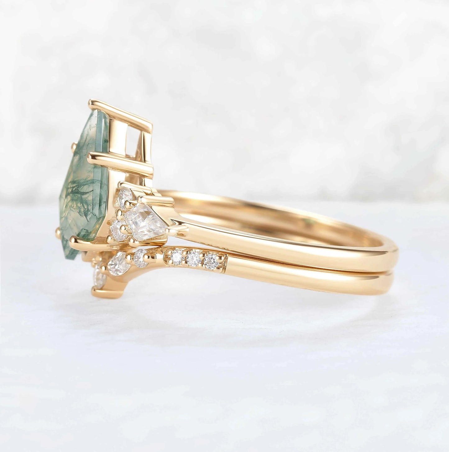 Cluster Kite Cut Moss Agate Gemstone Ring Set 2pcs