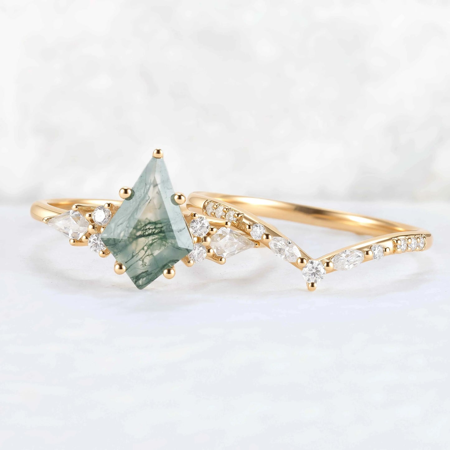 Cluster Kite Cut Moss Agate Gemstone Ring Set 2pcs