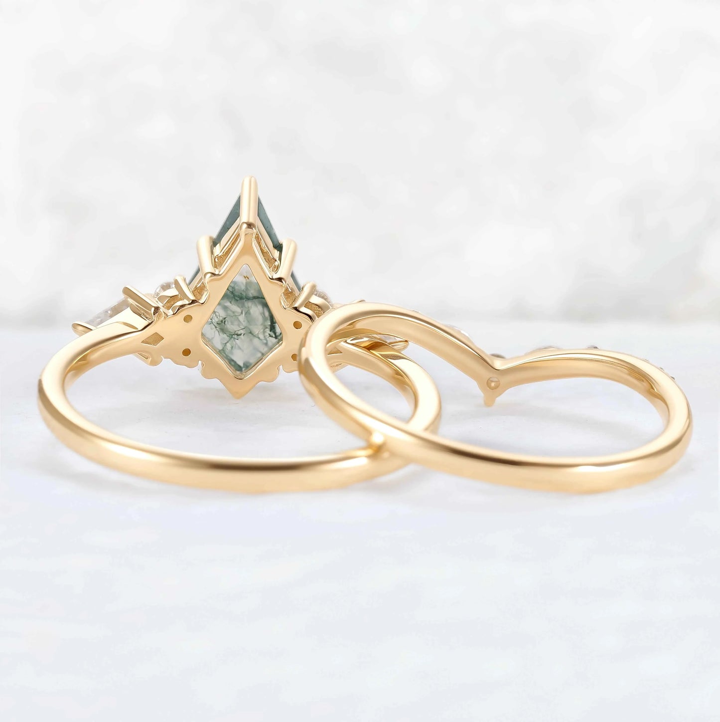 Cluster Kite Cut Moss Agate Gemstone Ring Set 2pcs