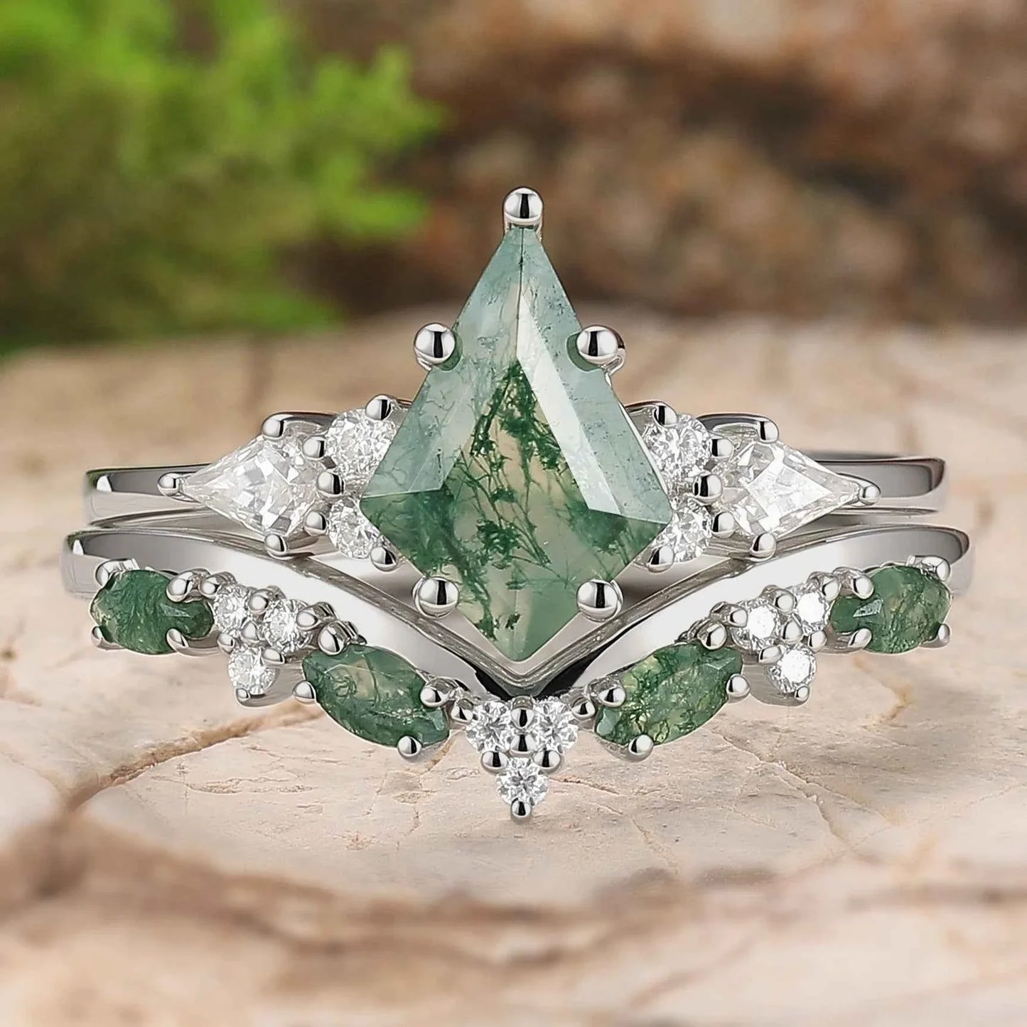 Cluster Kite Cut Moss Agate Seven Stones Silver Ring Set 2pcs