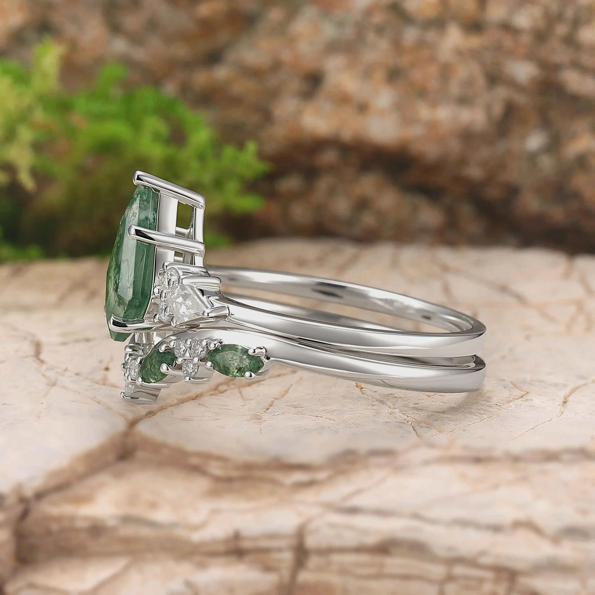 Cluster Kite Cut Moss Agate Seven Stones Ring Set 2pcs