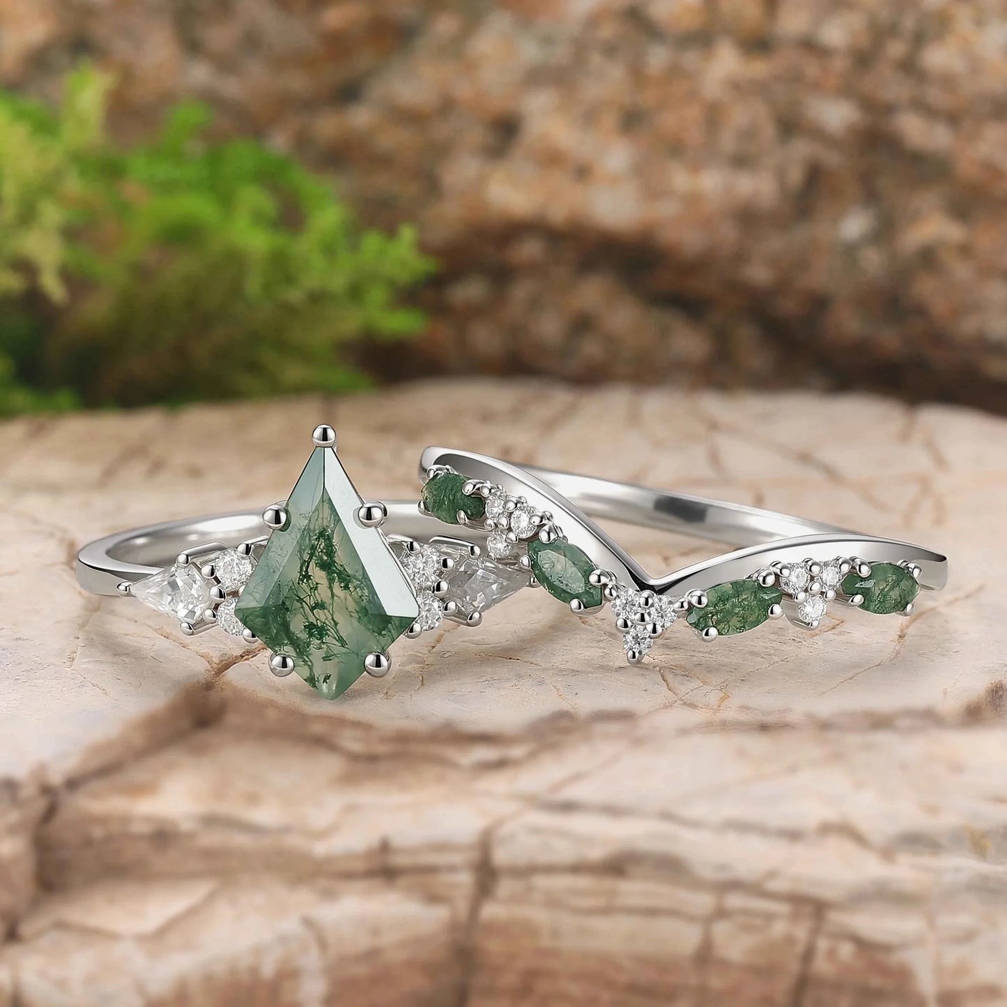 Cluster Kite Cut Moss Agate Seven Stones Silver Ring Set 2pcs