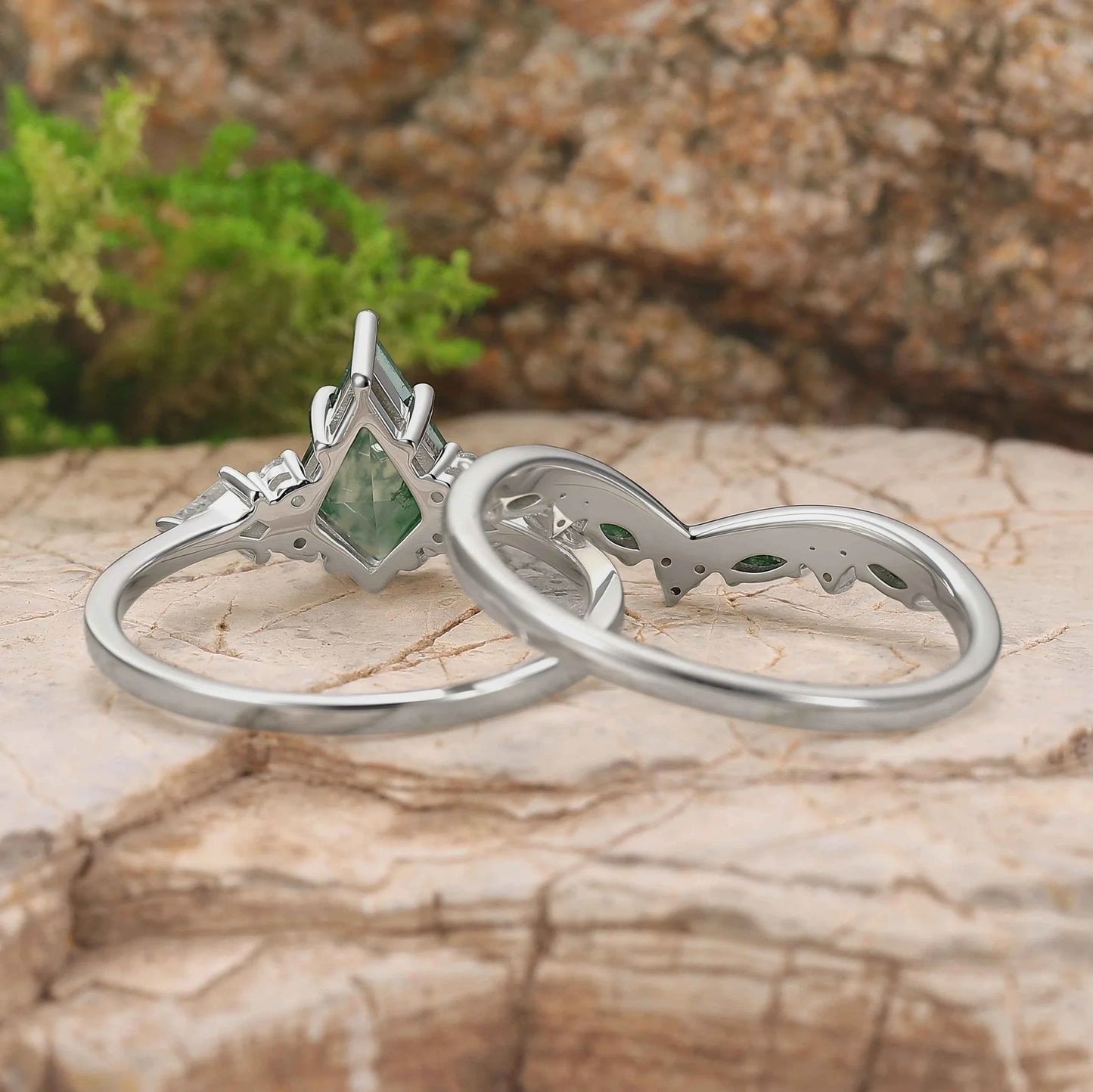 Cluster Kite Cut Moss Agate Seven Stones Silver Ring Set 2pcs