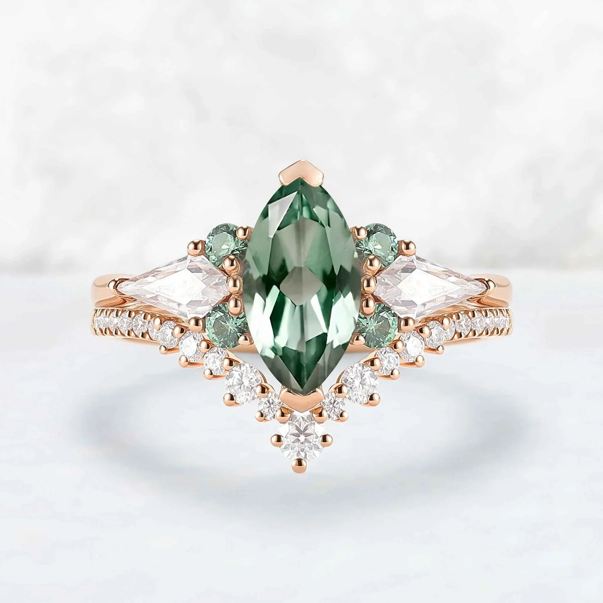 Cluster Marquise Cut Lab Green Sapphire Engagement Ring Set 2pcs