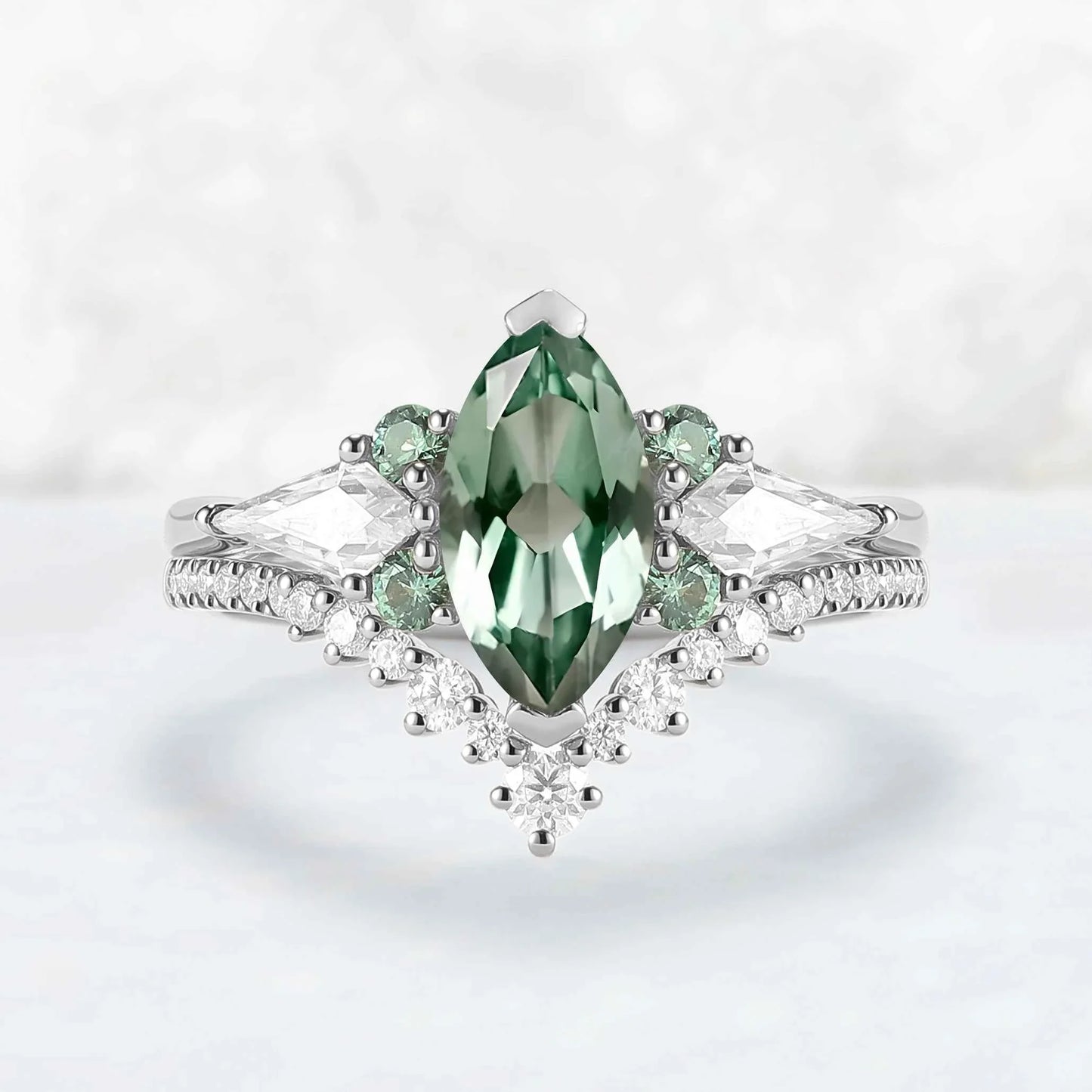 Cluster Marquise Cut Lab Green Sapphire Engagement Ring Set 2pcs