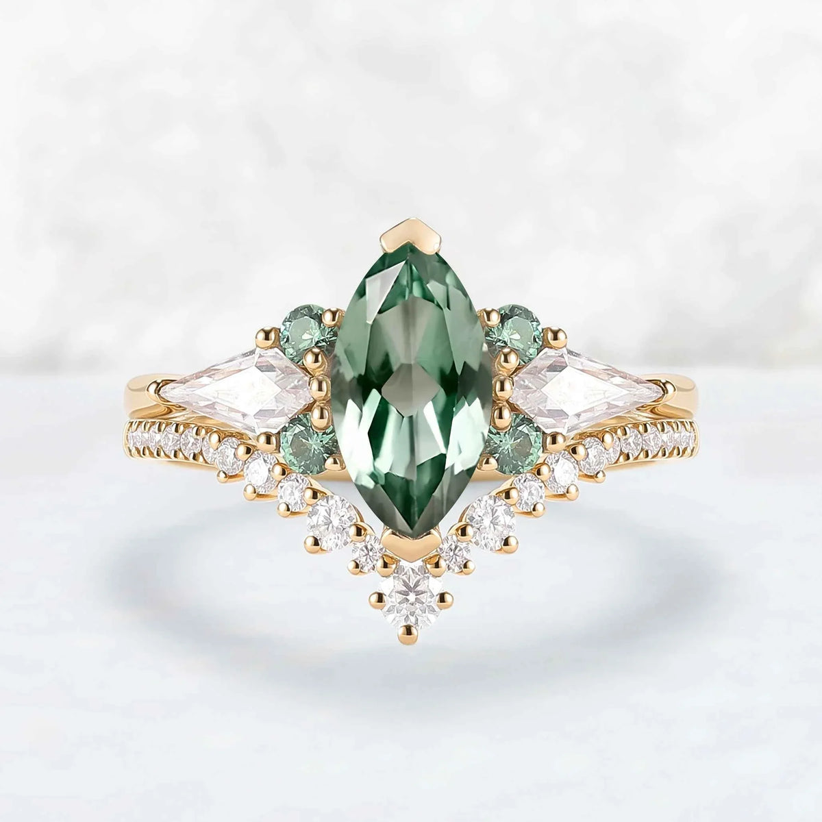 Cluster Marquise Cut Lab Green Sapphire Engagement Ring Set 2pcs