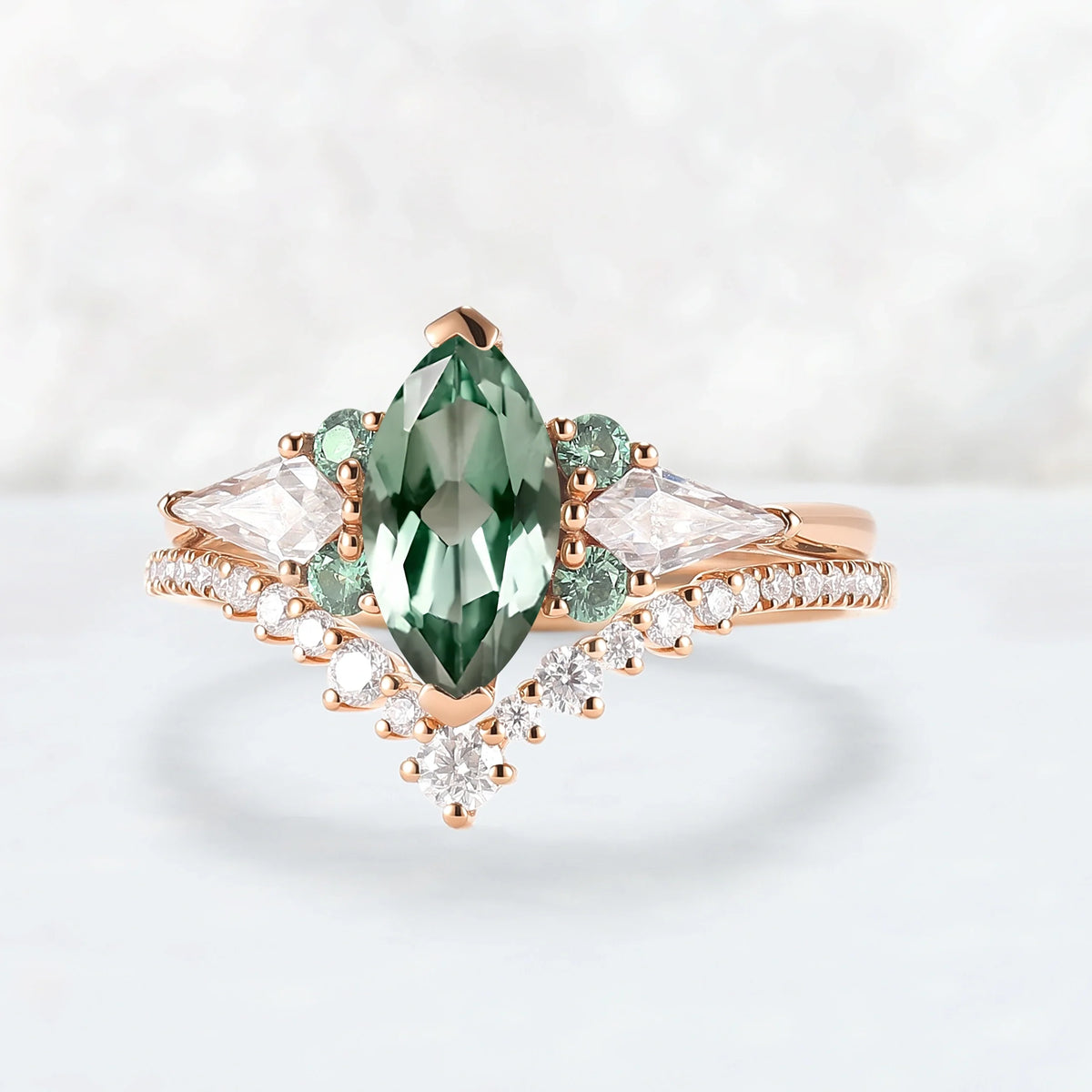 Cluster Marquise Cut Lab Green Sapphire Engagement Ring Set 2pcs