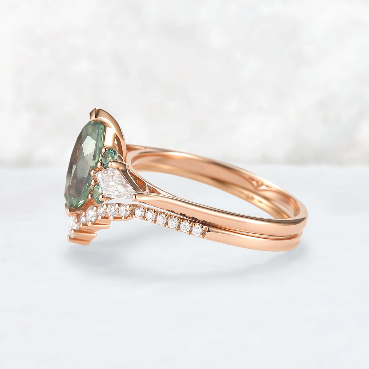 Cluster Marquise Cut Lab Green Sapphire Engagement Ring Set 2pcs