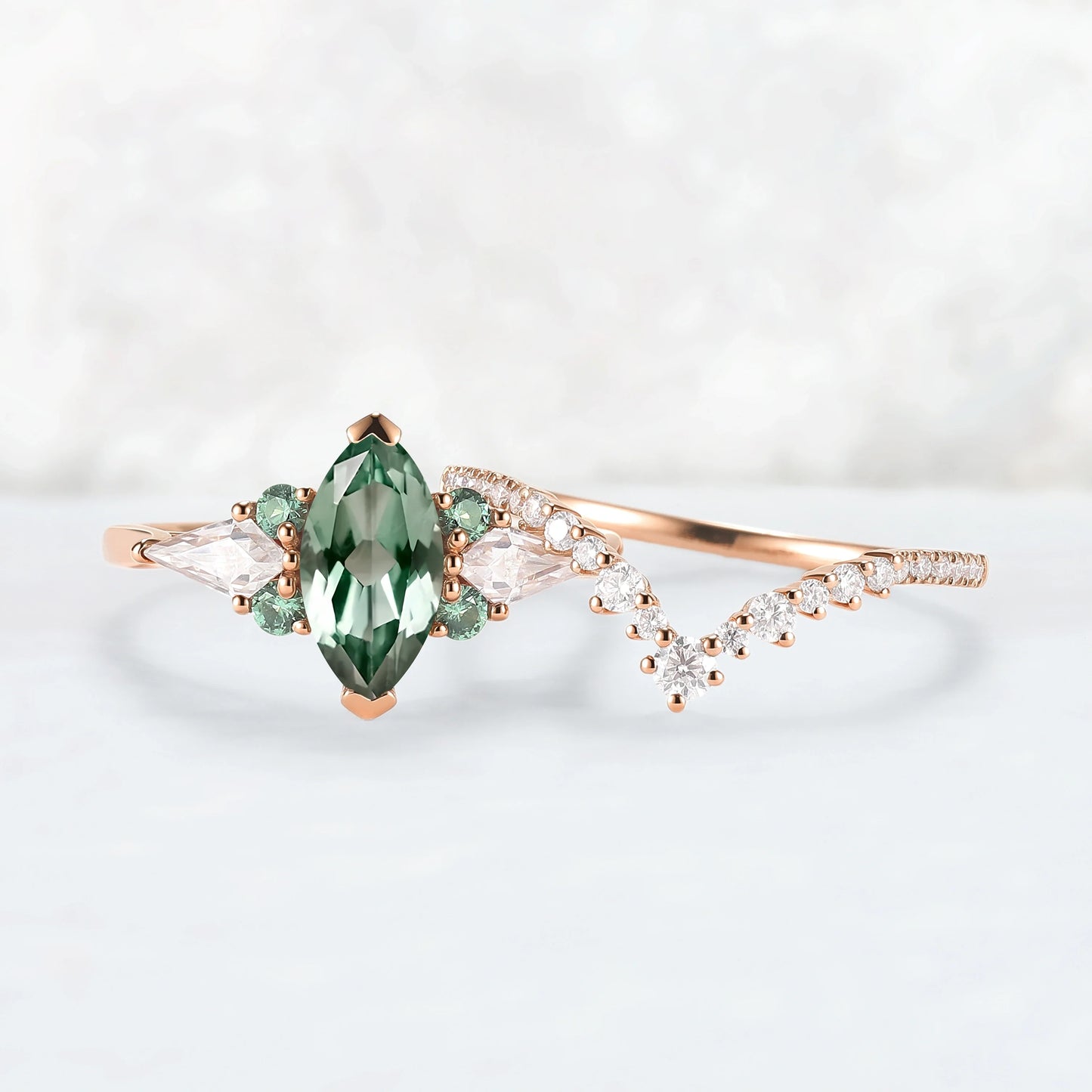 Cluster Marquise Cut Lab Green Sapphire Engagement Ring Set 2pcs