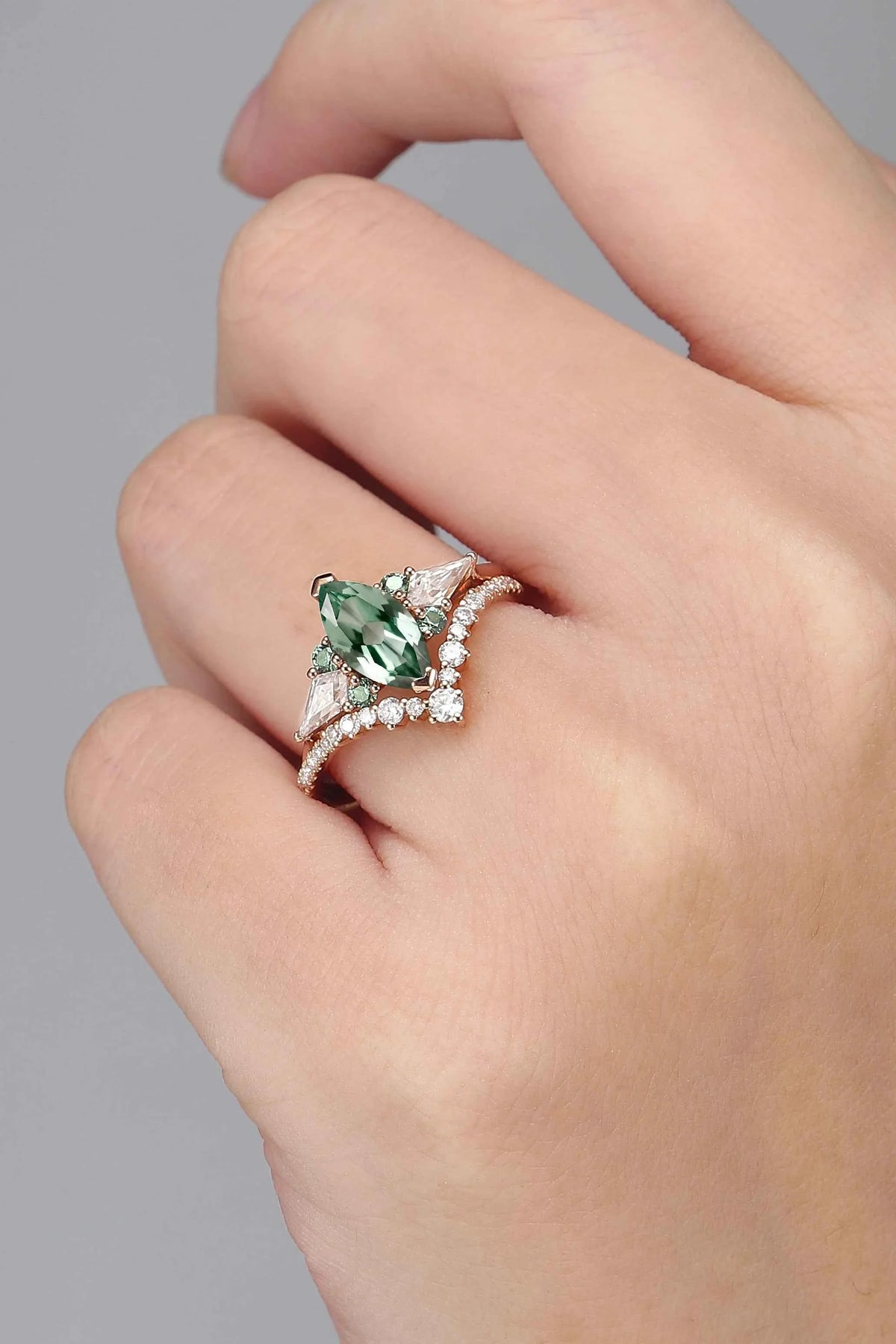 Cluster Marquise Cut Lab Green Sapphire Engagement Ring Set 2pcs